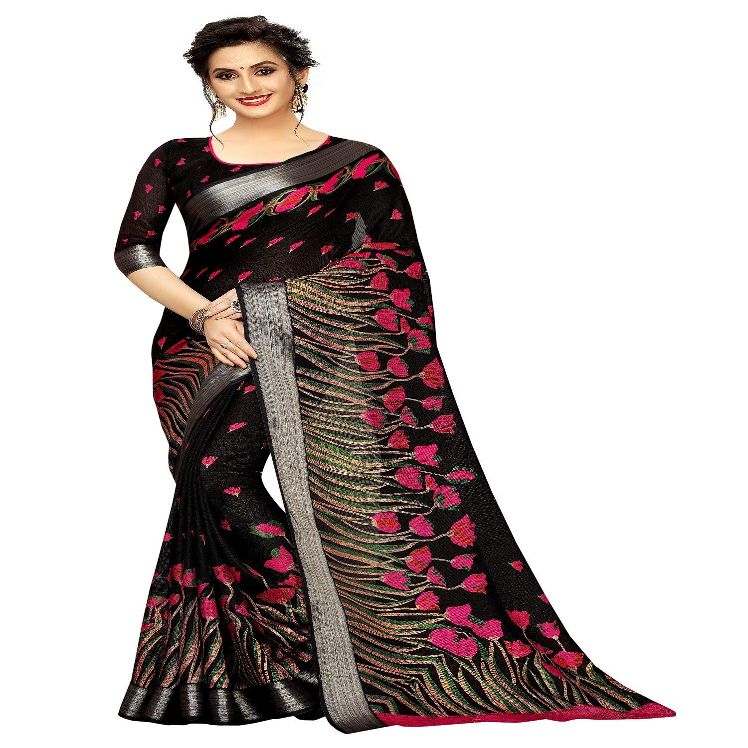 RAJESHWAR FASHION WITH RF Women's Pure Linen Jute Soft Cotton Digital Printed Saree with Blouse Piece(VANI 01 GARIMA BLACK_Multicolored_Free Size 6.30 Mtr)