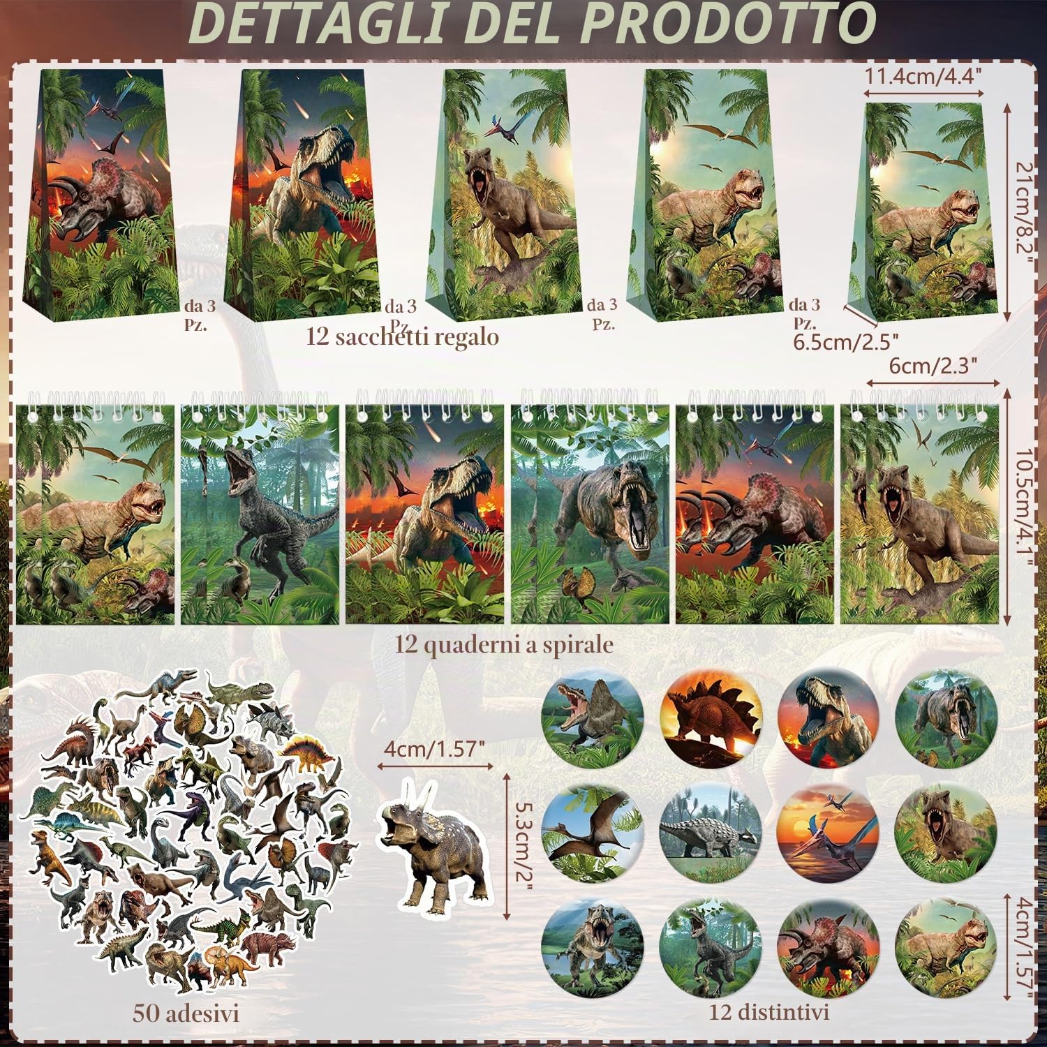 Dinosauro Party Favour Supplies: Sacchetti Regalo, Adesivi, Distintivi, Braccialetti per Feste di Compleanno a Tema