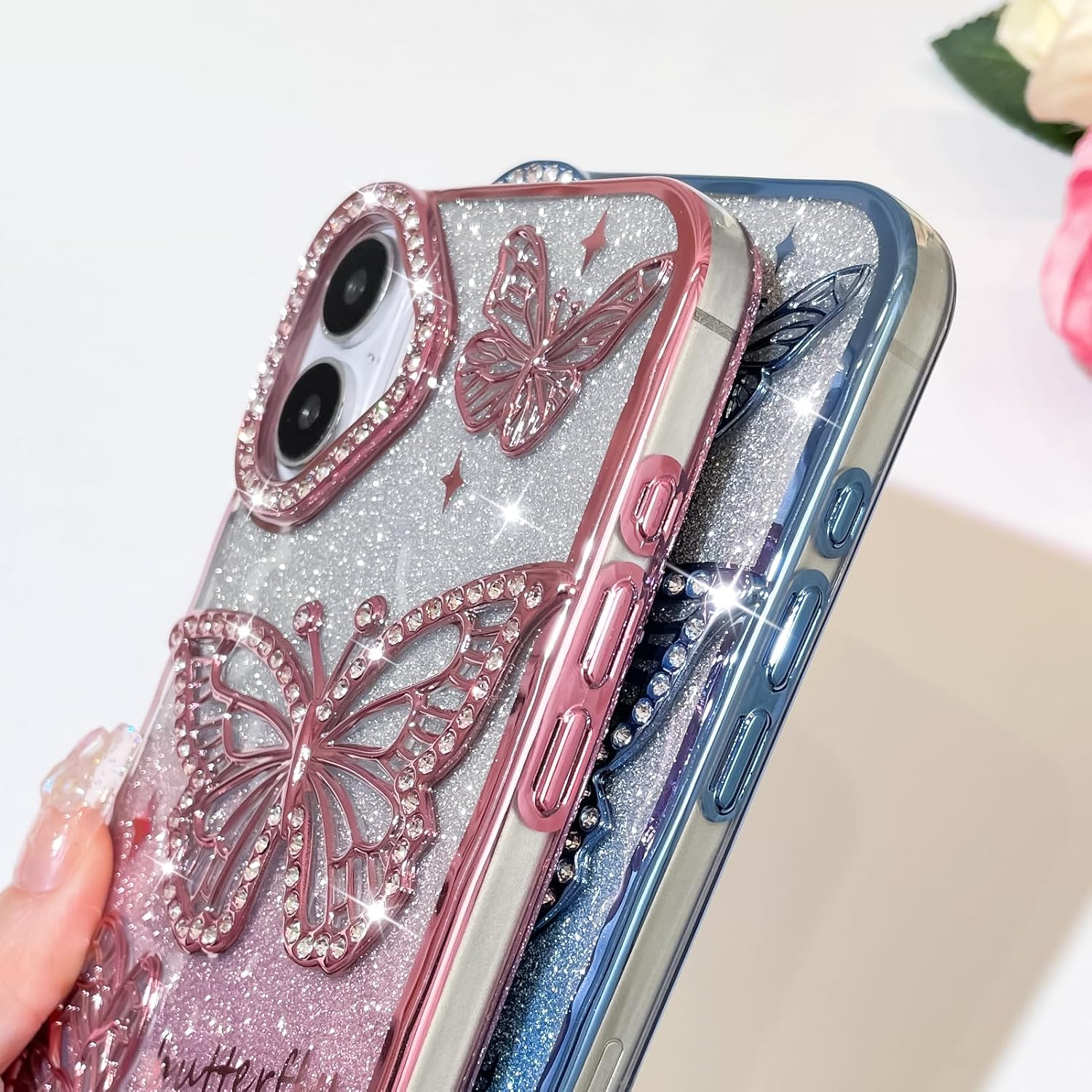 Bonoma Glitter Case for iPhone 16 Plus, Cute 3D Butterfly Pattern Plating Bling Case,Camera Protection Sparkly Slim Soft Back Cover for Women Girls,Pink - Image 4