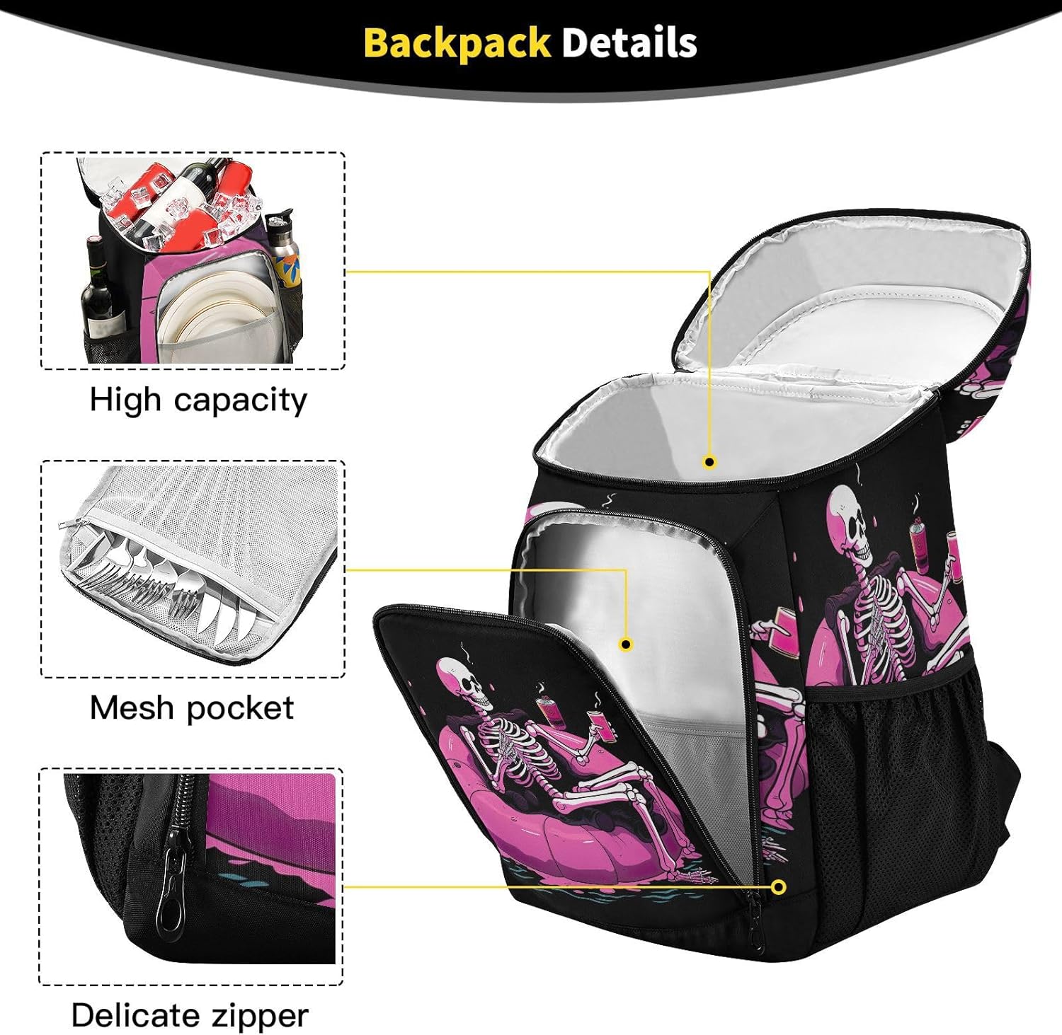 Pink Skeleton Cooler Backpack 36 Cans Leakproof Waterproof Backpack Cooler Bag Beach Accessories Travel Camping Fishing Backpack for Women Men