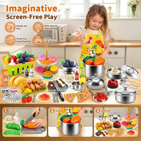 Pretend Play Kitchen Accessories,130Pcs Kids Cooking Toys & Tea Set 3-12