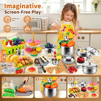Pretend Play Kitchen Accessories,130Pcs Kids Cooking Toys & Tea Set 3-12