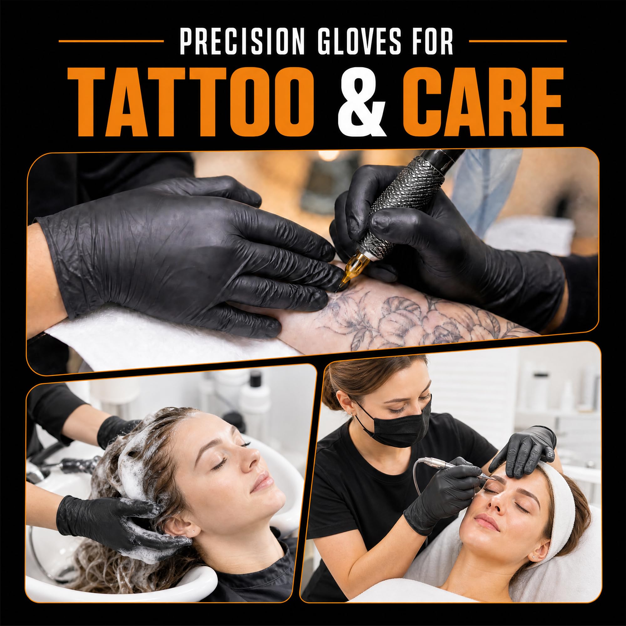 Strapazierfähige Nitrilhandschuhe, 7 mm, Schwarz, Reinigungshandschuhe, puder- und latexfrei, Einweghandschuhe, Lebensmittelzubereitung, Mechaniker-Tattoos (1000, groß)