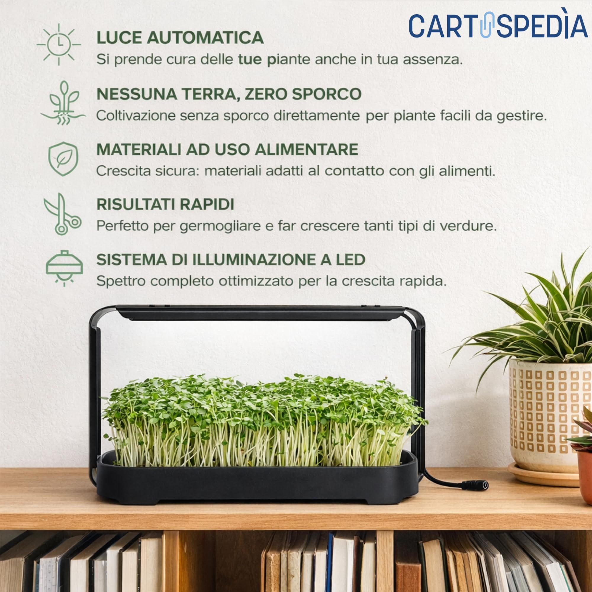 Idroponica Microgreen Indoor con Luce LED Automatica 12h per La CRESCITA OMOGENEA - Kit Idroponico Auto Irrigante con Sacchi Biodegradabili - Mini Serra Compatto per Casa - Capacità 1kg