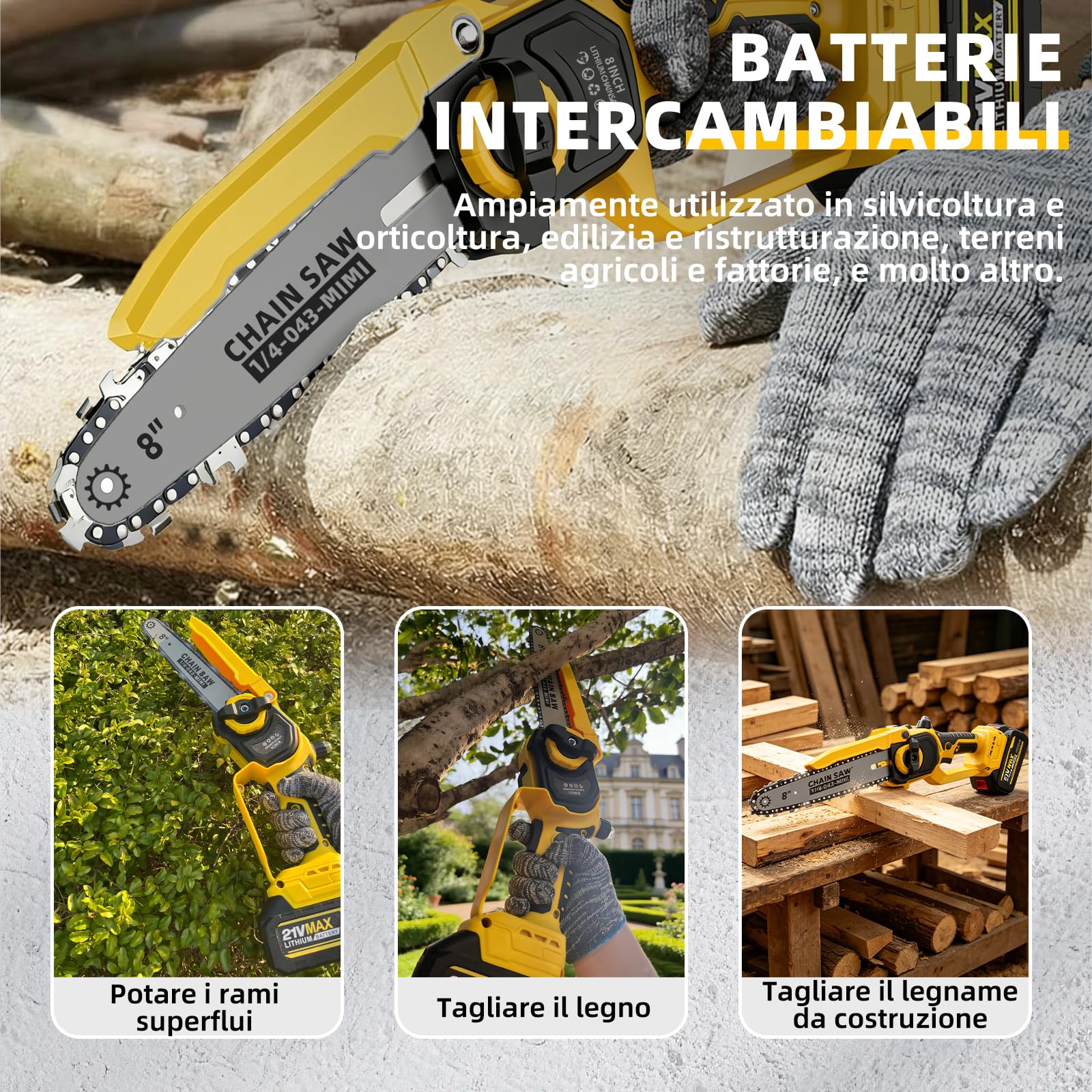 Mini motosega senza fili – Barre 8" e 6", lubrificazione automatica, catena di ricambio, motore brushless 1200W, 2 batterie 4000mAh – Per potatura alberi, giardinaggio e taglio legna