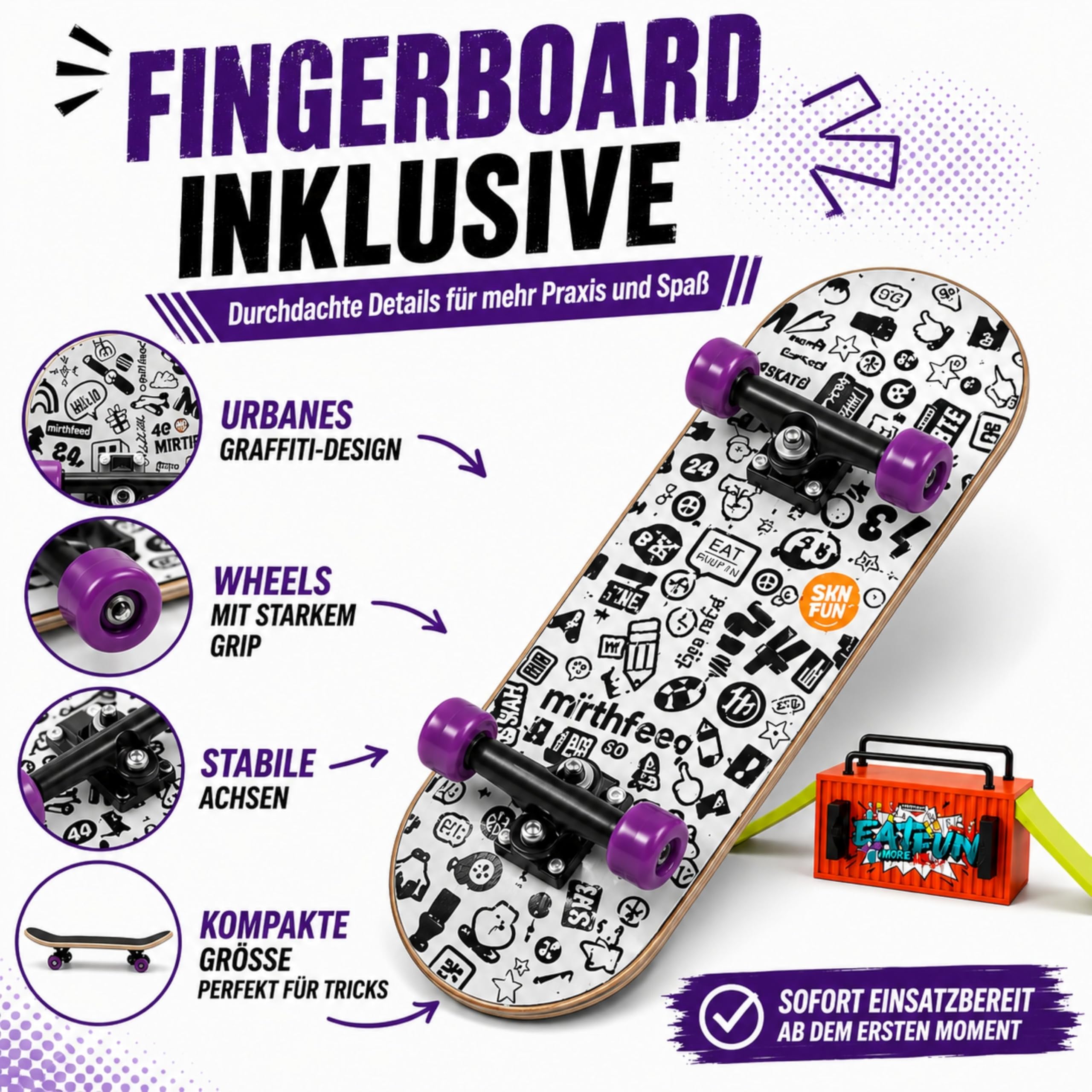 BIGH Fingerboard Container Finger-Rampe aus natürlichem Ahornholz, professionelles Fingerboard, Fingerskate, Fingerspielzeug, Geschenk, Skate Finger, Weiß