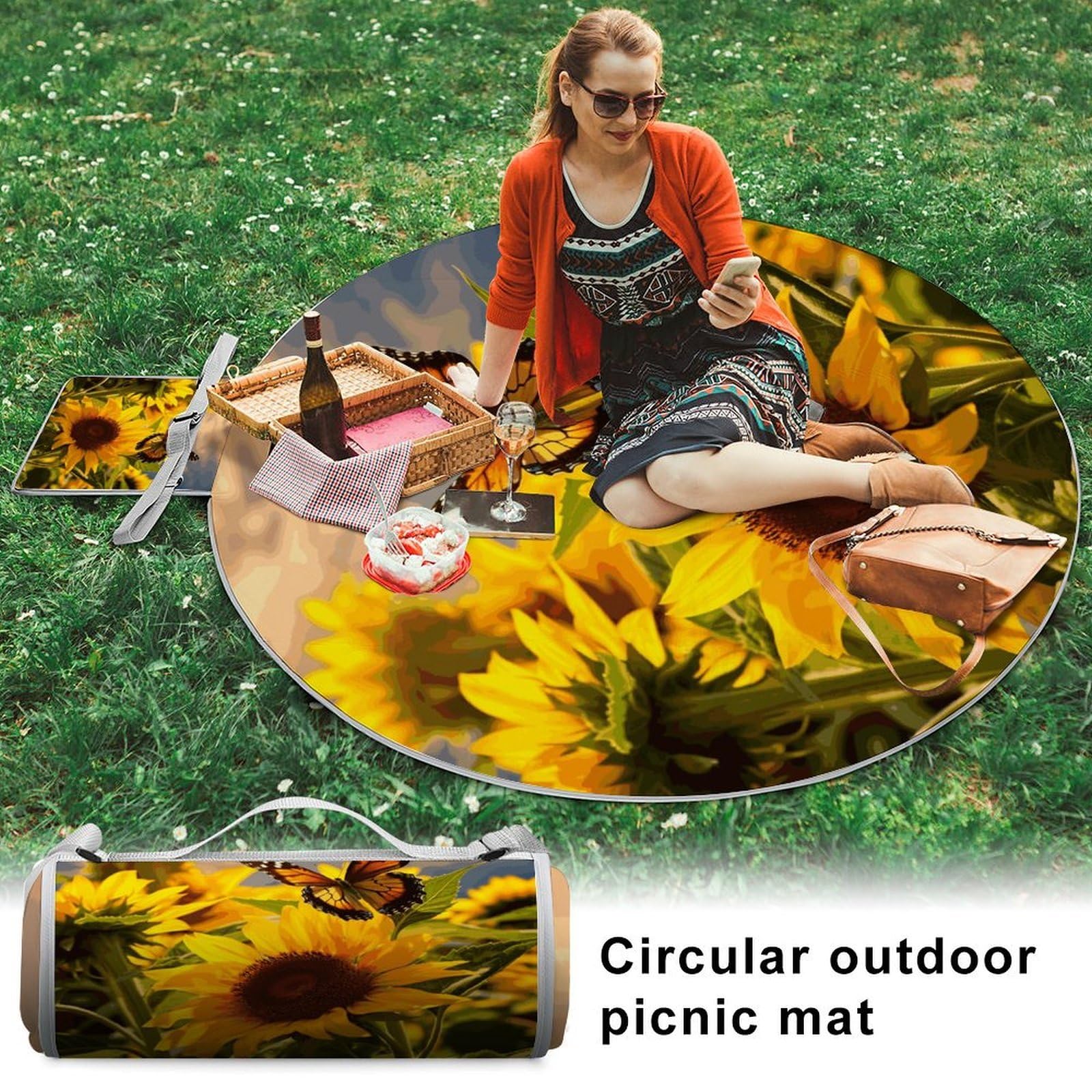 Mantas redondas plegables y ligeras para pícnic, con diseño de girasoles, mariposas, impermeables, para exteriores, para primavera, verano, camping, parque, viajes, hierba