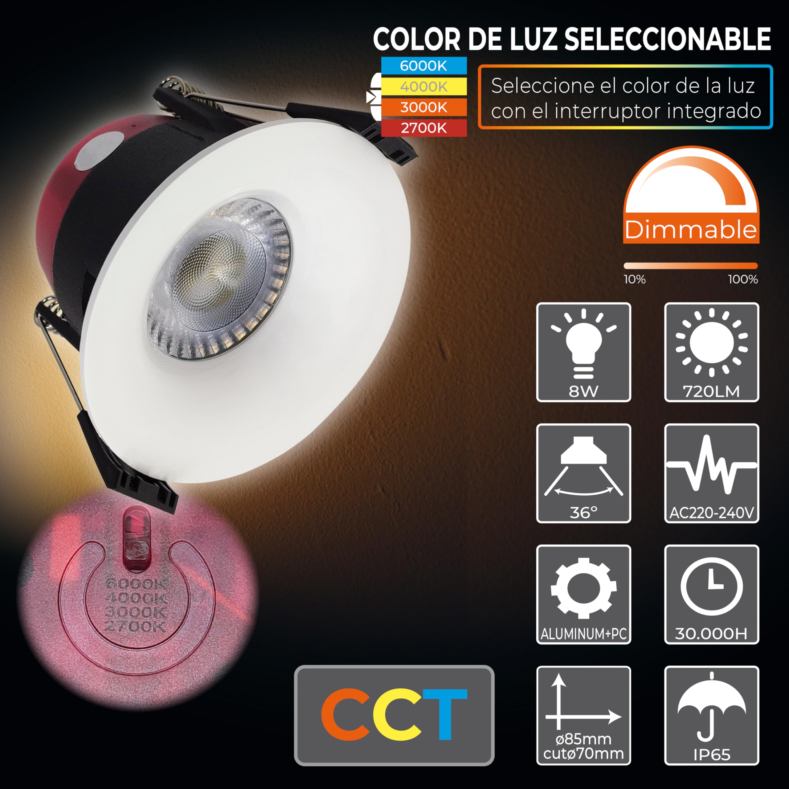 LED ATOMANT 10x LED Einbaustrahler Ausschnitt 70mm 8W CCT 3000-6500K IP65 | Durchmesser 85mm, Mit CCT-Farbtemperaturwahlschalter, 720 Lumen, Direktanschluss an 220V