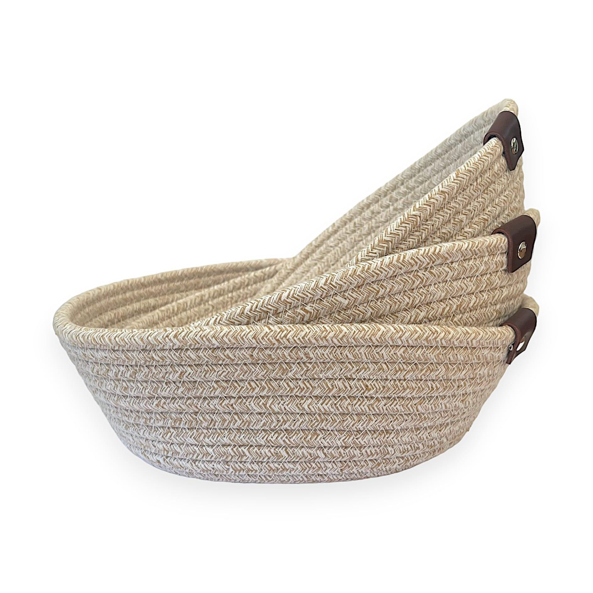 3er-Set Baumwoll-Aufbewahrungskörbe – Weiß Mit Lederknopf, Verschiedene Größen, Für Küche, Bad, Wohnzimmer