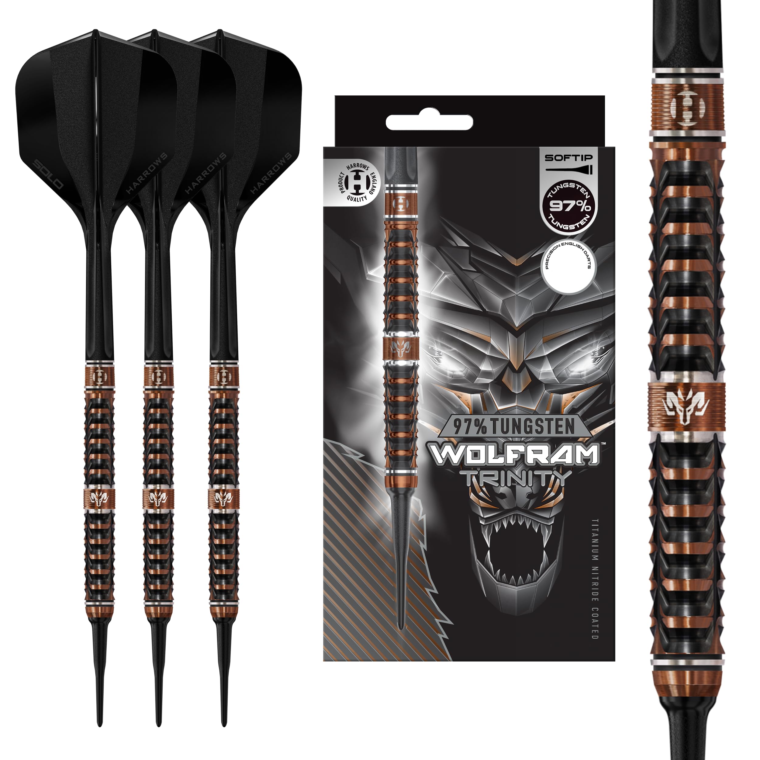 Fléchettes Harrows Wolfram Trinity 97% tungstène pointe souple CNC TiN bronze Quick Point Solo 18 g