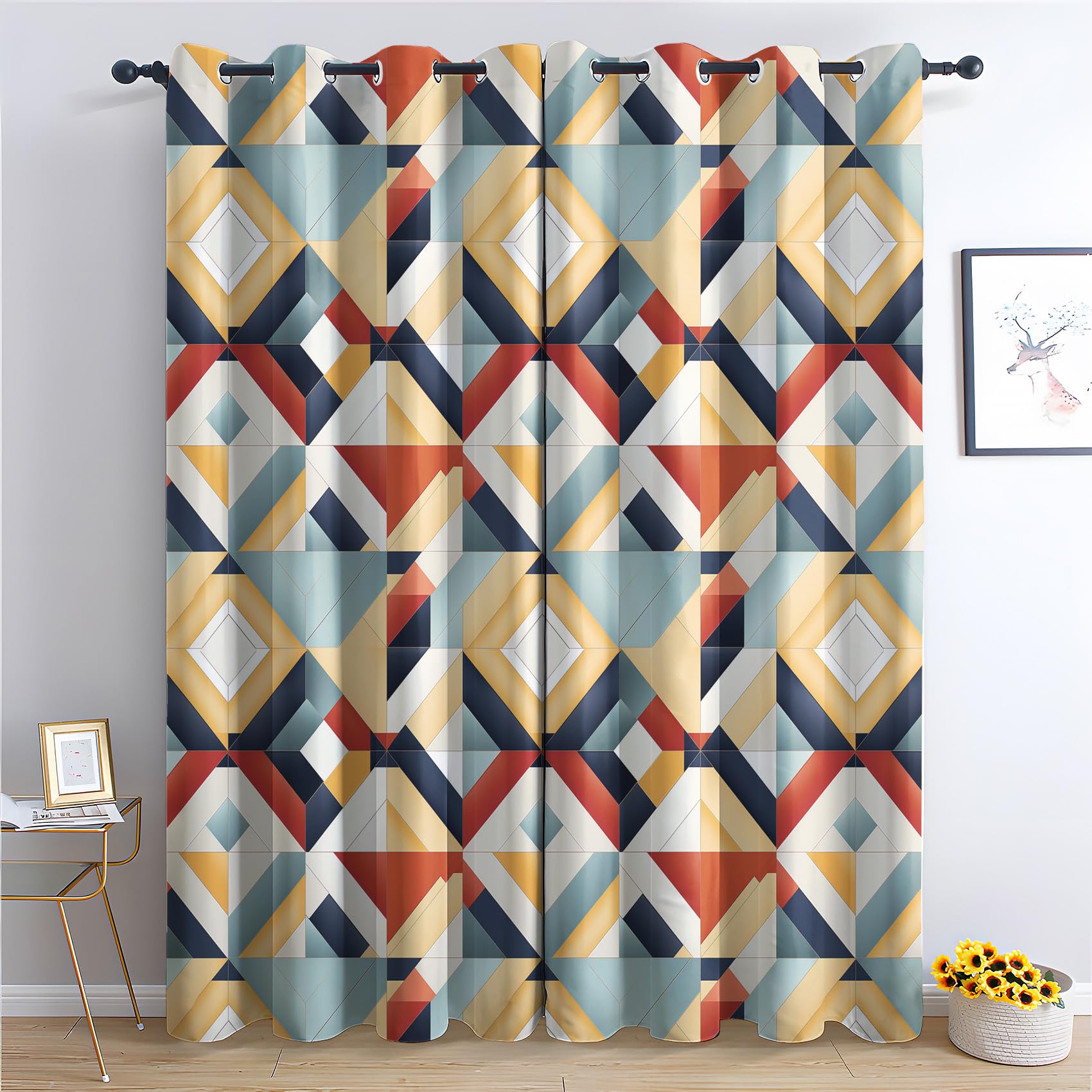 SZLYZM Geometric Blackout Curtains, Patchwork Colourful Bedroom Curtains & Living Room Curtains 66x72 Inch 2 Panels Set, Thermal Eyelet Drapes Decorative Patterned Window Treatments 72 Drop(Km-&294)