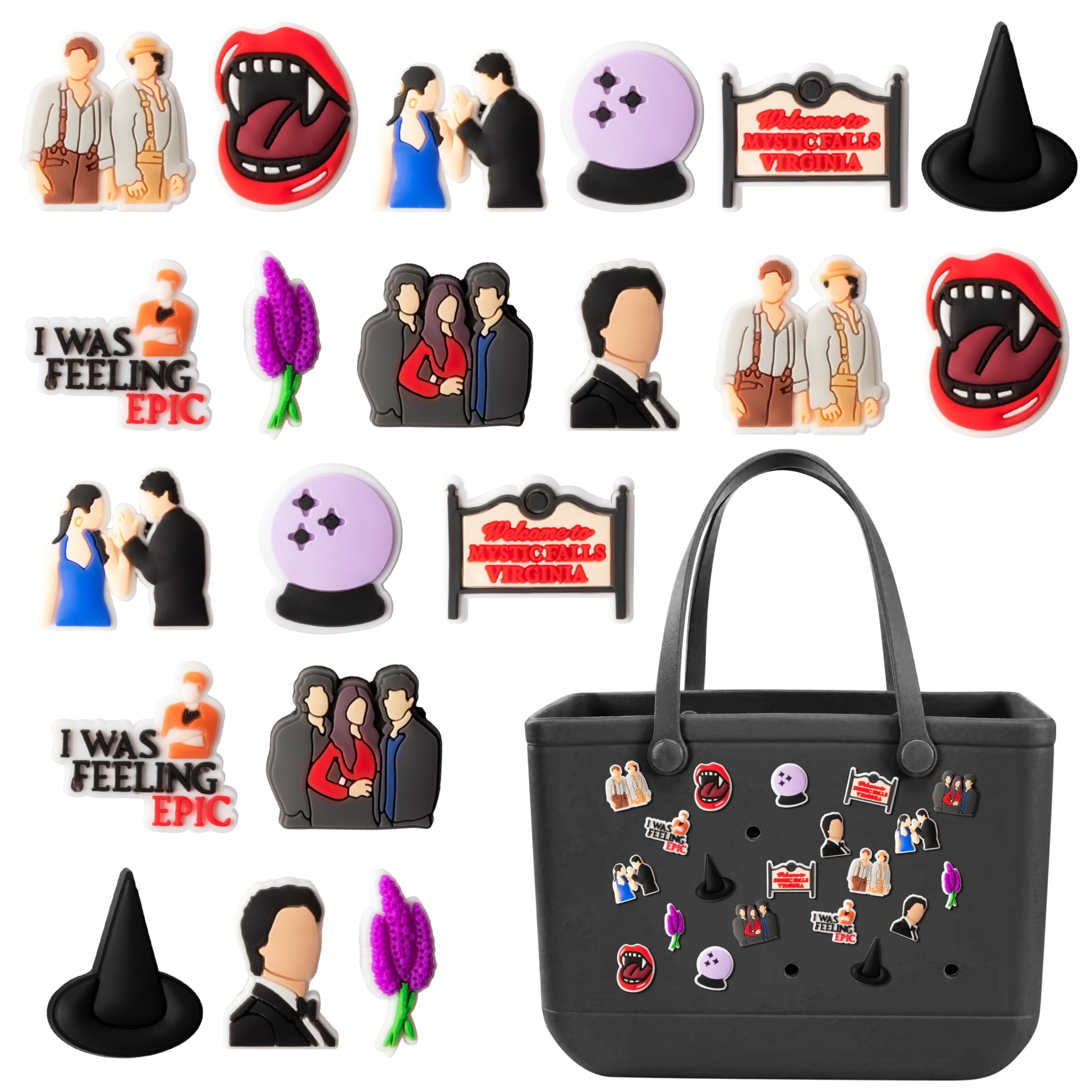 20Pcs Vampire TV Charm Croc Shoe Decoration Charms, Halloween Christmas Gifts PVC Vampire TV Show Charm, Different Vampire TV Patterns TVD Charm Decoration For DIY Clog Sandals, Fits For Kids Adult