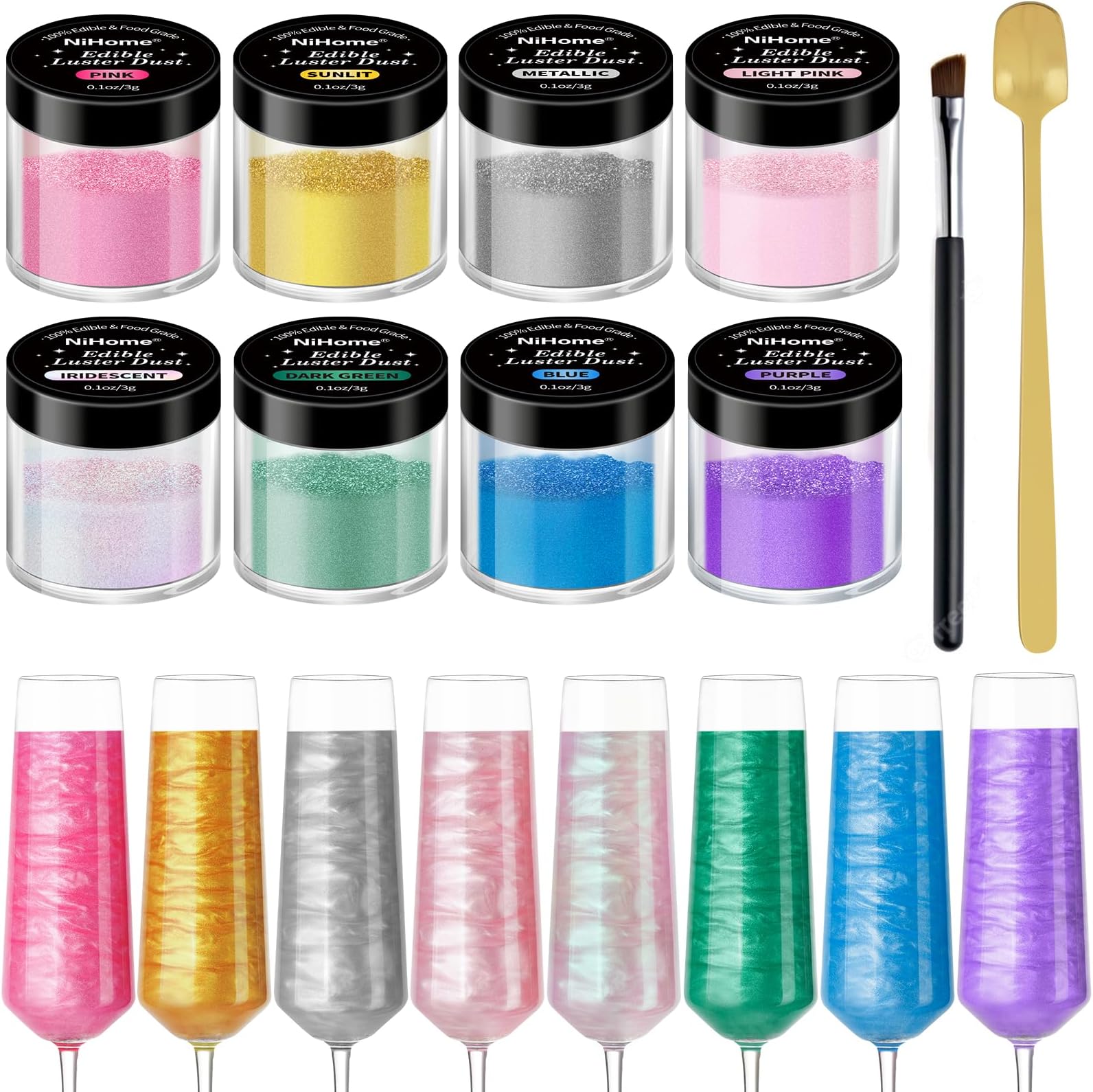 NiHome Edible Luster Dust Glitter Food-Grade Glimmer Powder Metallic Fancy Food Decorating Sprinkle Glimmery Dust for Drink Wine Beverage Cake Dessert Bakery Vegan Allergen-Free (8-Color, Fine)