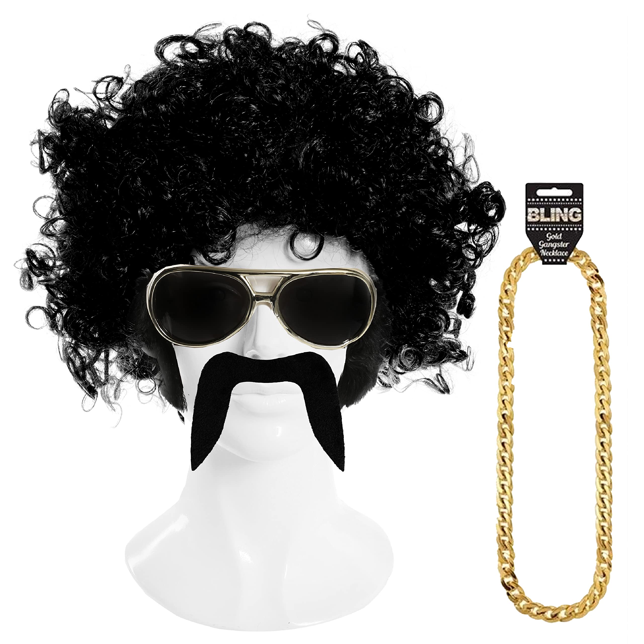Topcosplay Set van 4 afropruiken voor heren, met zonnebril, snor en halsketting, jaren 70/80, Vokuhila, discopruik, hippiepruik, Halloween, carnavalskostuum (honingblond