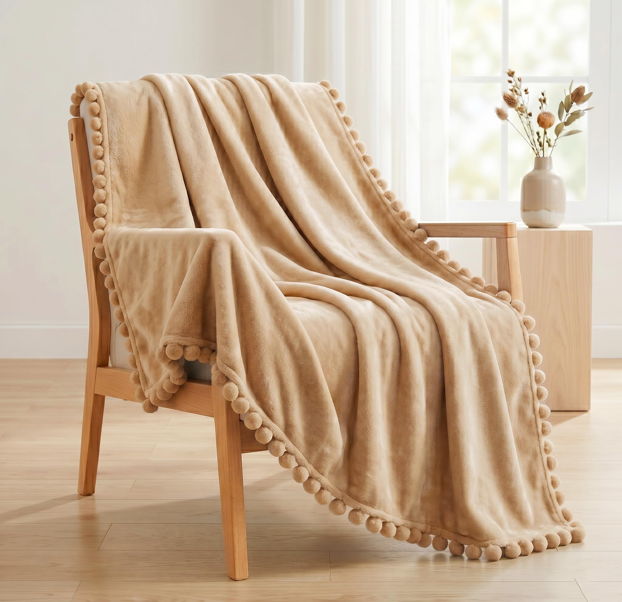 BSB HOME 280 GSM Pom Pom Blanket, Ultra Soft Plush Fleece Throw Blanket with Pom Pom Fringe, Cozy Lightweight Warm Blanket for Sofa, Couch, Bed, Skin Friendly & Easy Care, 45 x 60 Inches - Warm Sand-image-32