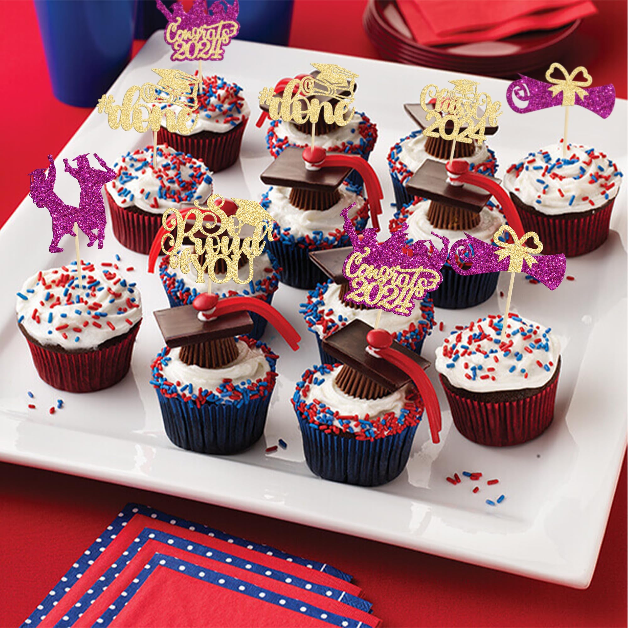 Gyufise 24Pcs Class of 2026 Cupcake Toppers Glitter 2026 Congrats Grad So Proud of You 2026 Cake Decorations Cap Diploma Cupcake Picks 2026 Graduation Theme Party Cake Decorations Supplies Purple - Image 4