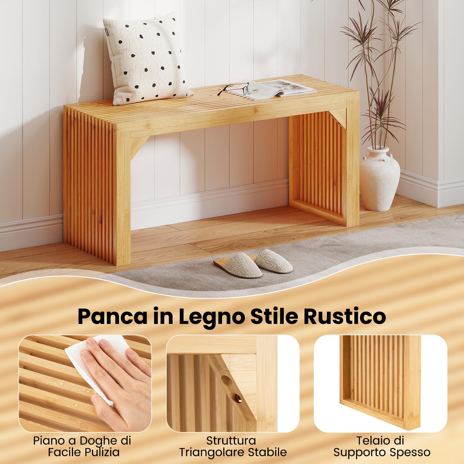 COSTWAY Panca da Interno in Bambù, Panca Ecologica da Ingresso Lunga 90 cm, Portata 300 kg, Sedia Moderna per Sala da Pranzo, Soggiorno e Giardino, 90 x 33 x 43 cm