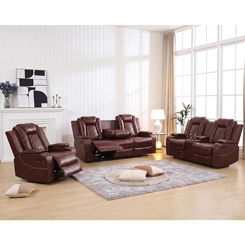 Power Recliner Sofa Set with LED Lighting & USB Port, Breathing Leather Reclining Sofa Set 3 Piece for Living Room, Home Theater Seating Reclining Couches with Cup Holders and Storage (Garnet)