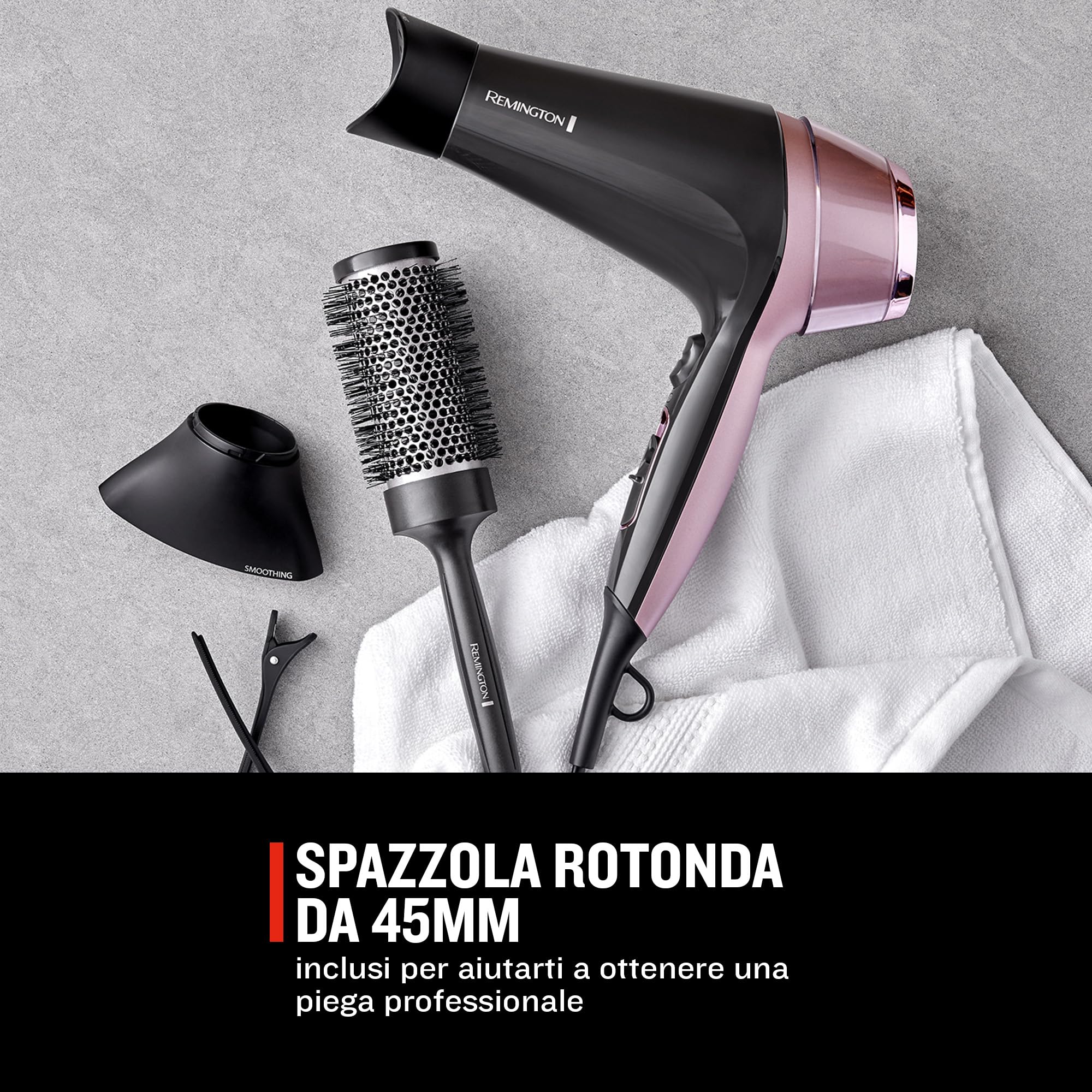 Remington Asciugacapelli 2200W - Asciuga, Piastra e Arriccia - 3 accessori per lo styling: ugello e diffusore, spazzola rotonda da 45 mm e clip, 3 livelli di riscaldamento e 2 di ventilazione, D5707