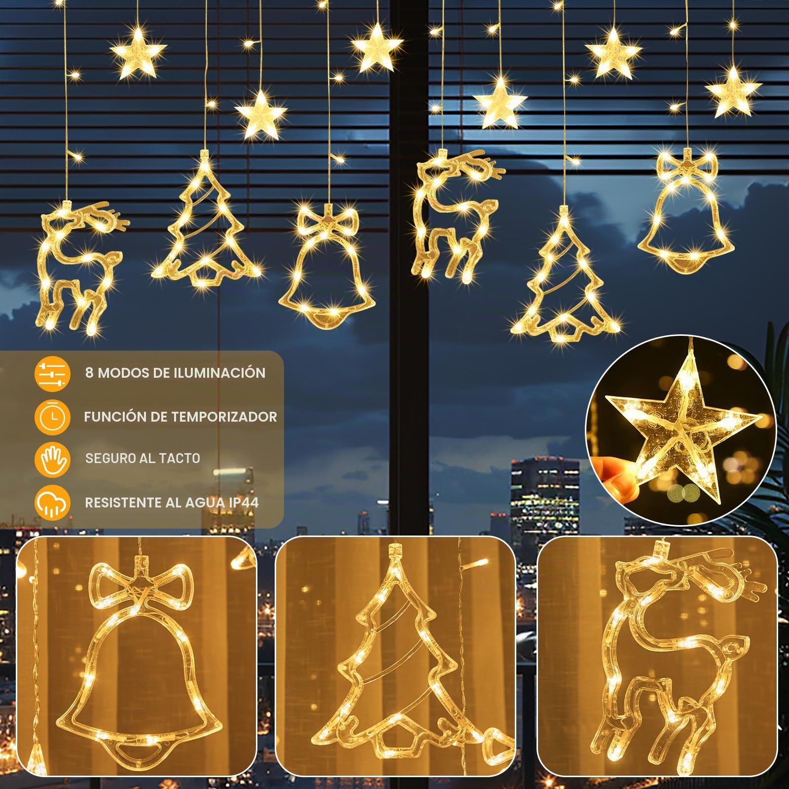 Lámpara de Ventosa de Navidad, 12 Piezas Luz de Ventana Navidad para Colgar​, Luz LED para Ventana con Ventosa, Luces de Decoración Navideña [Clase de eficiencia energética A]