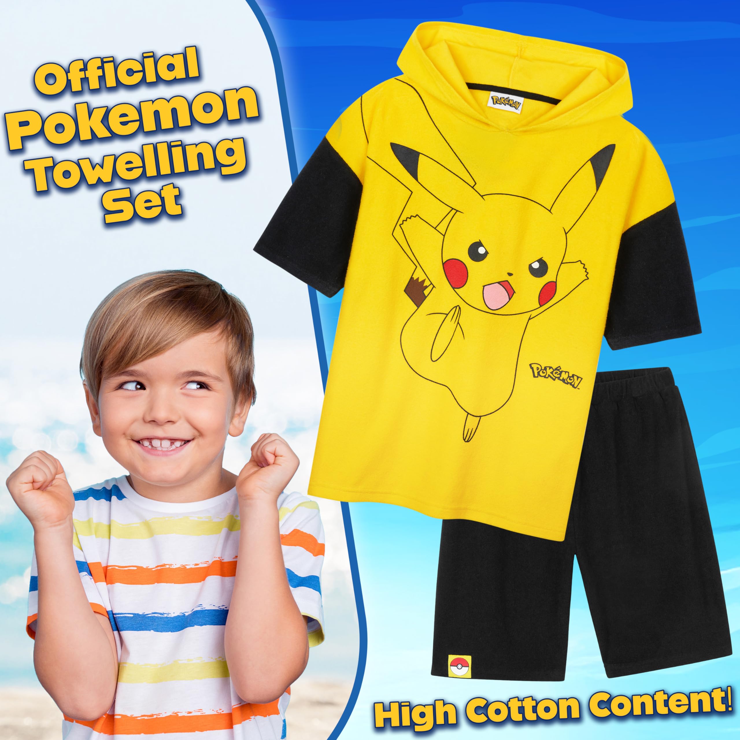Pokémon T-shirt Été Capuche et Short Ensembles Garçon Ado 2 Pièces Éponge Absorbant Pikachu Tenue Piscine Plage Anime Cadeau Garçon