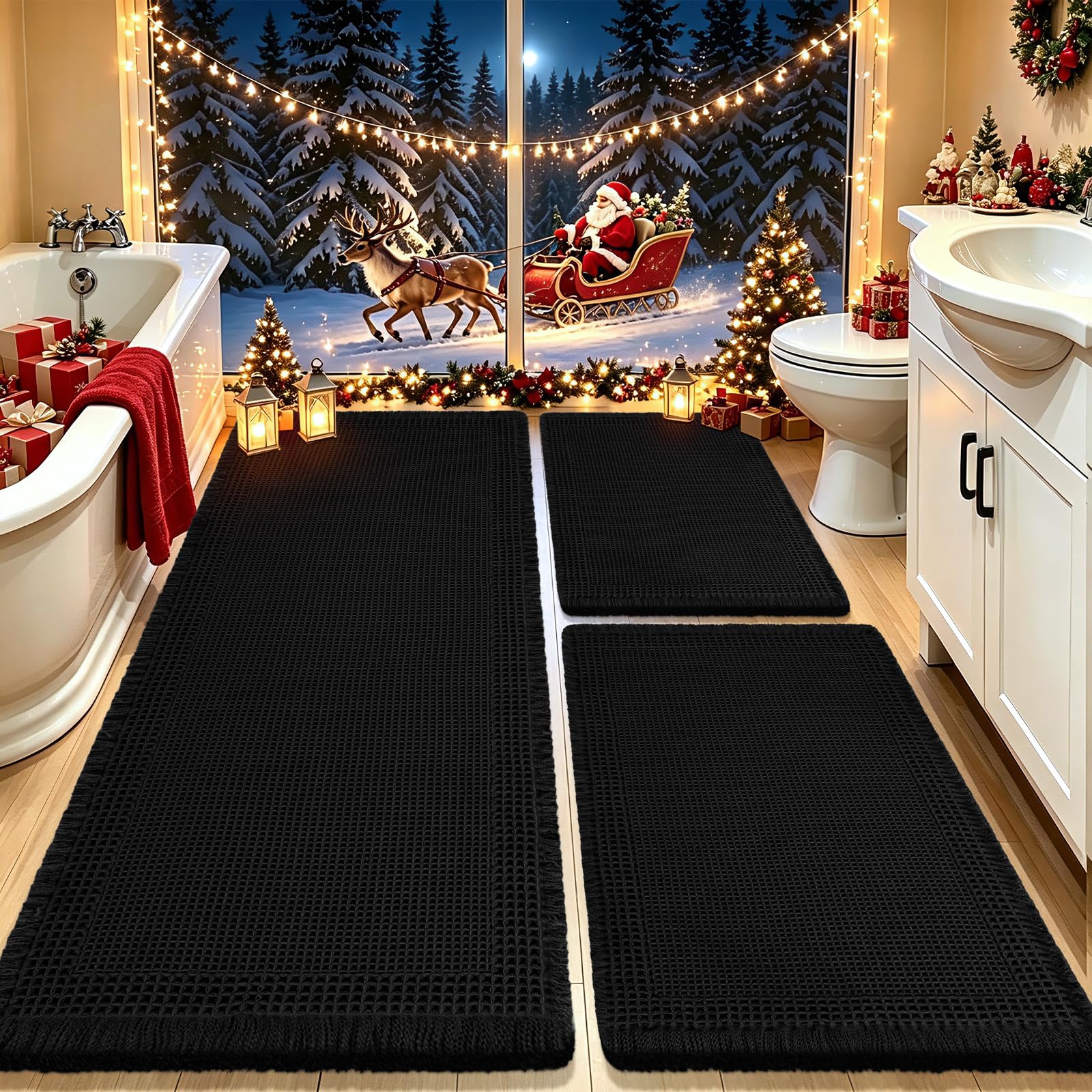 Upgrade Waffle Bath Mat Set 3 Piece, Boho Bathroom Rugs Absorbent Non Slip, Ultra Soft Bathroom Mat, Machine Washable Knit Bath Rugs with Border for Bathroom, Bedroom, Kitchen, Shower, Tub, Black