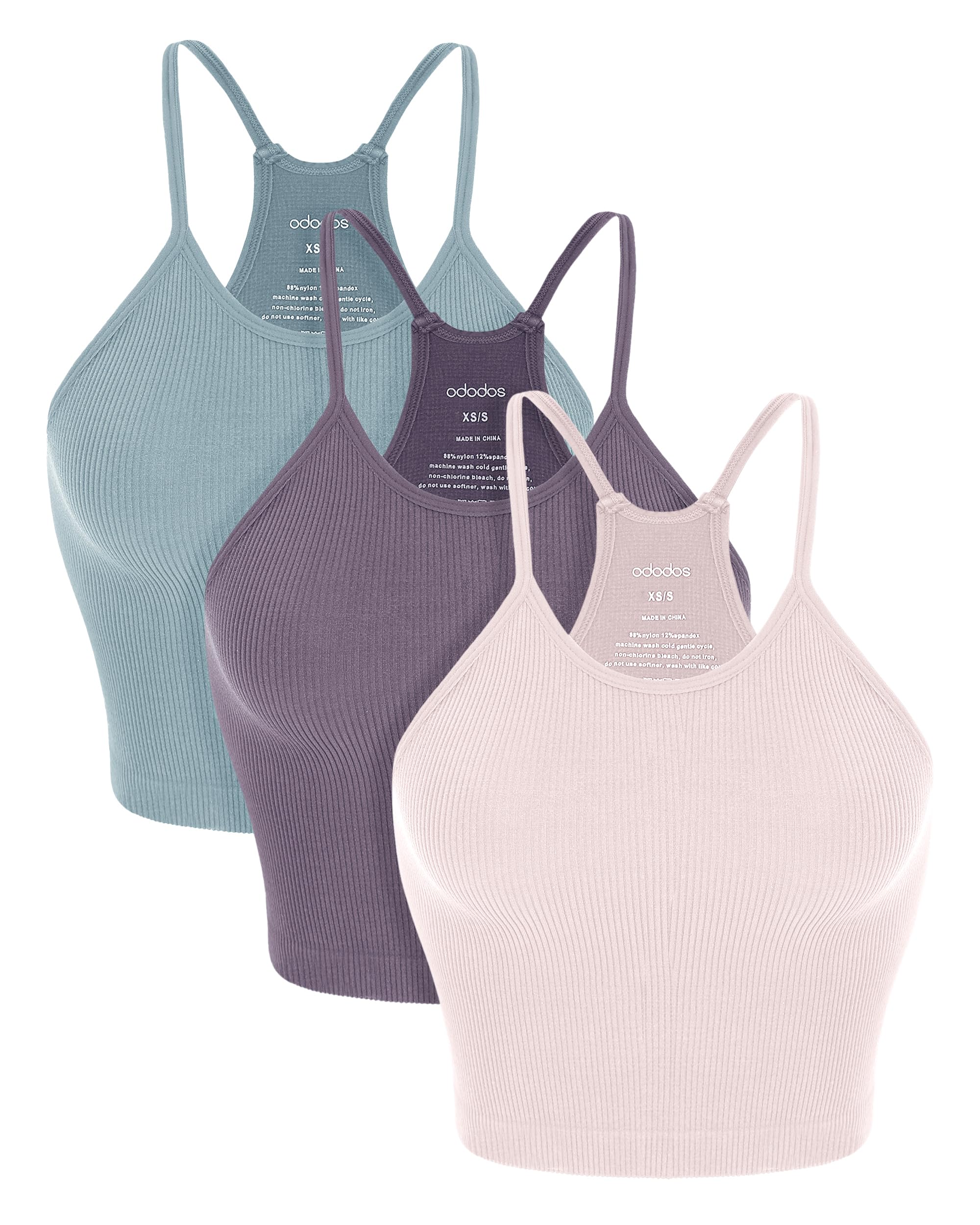 ODODOS Women's Crop 3-Pack Seamless Rib-Knit Camisole Crop Tank Tops
