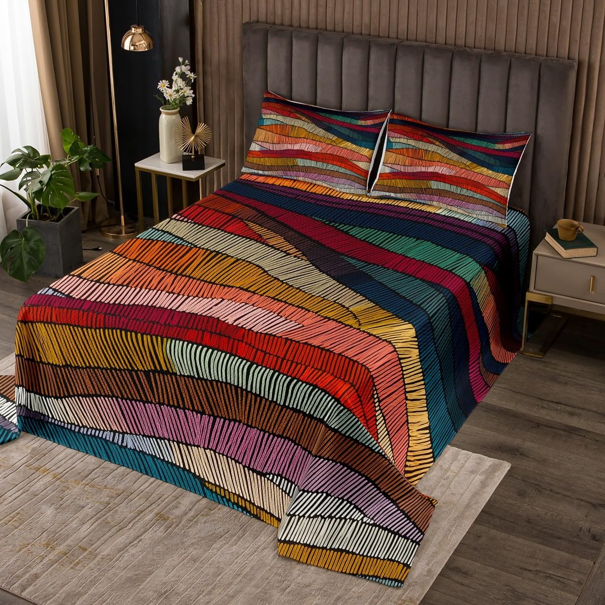 jejeloiu Boho Bedspread Quilts Bohemian Wavy Coverlet Set King Size for Boys Girls Rainbow Embroidered Waves Print Quilted Coverlet with 2 Pillowcases Geometric Tribal Ethnic Geometric Tribal Ethnic