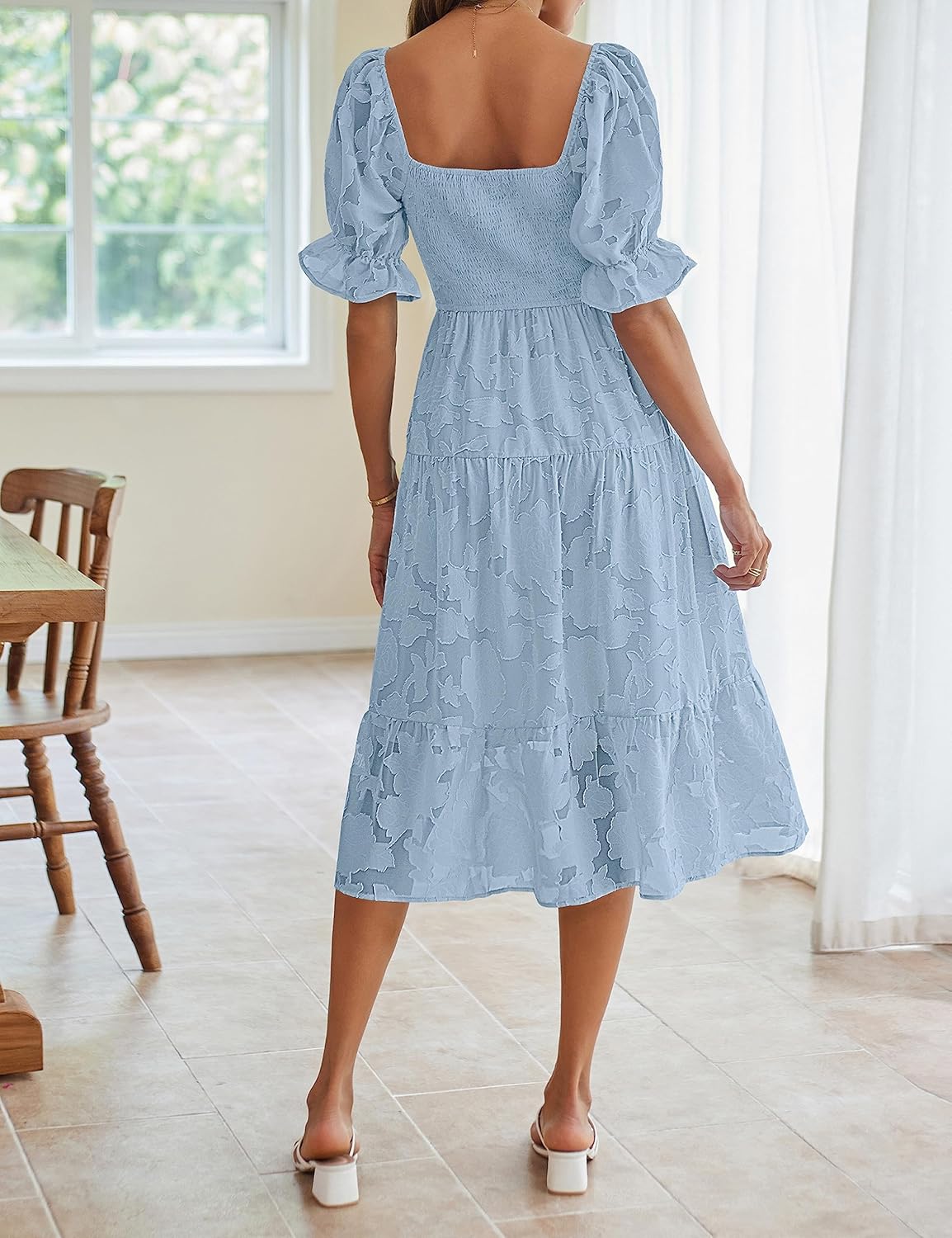 MEROKEETY Womens 2025 Summer Short Puff Sleeve Smocked Square Neck Floral Textured Tiered Midi Dress - Image 3