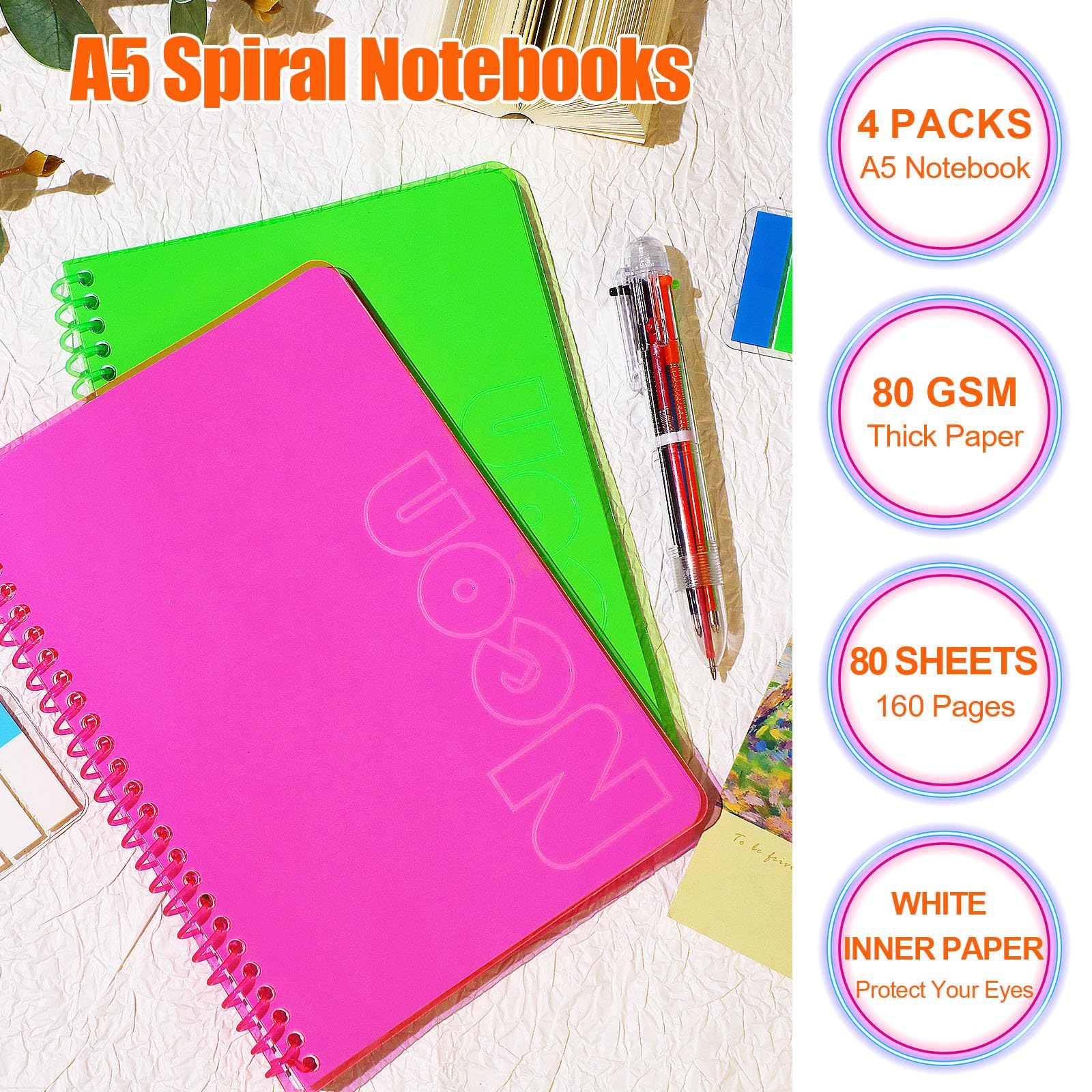miikoul Notizbücher, A5, neonfarben, Spiralbindung, liniert, 21,1 x 14 cm, 80 Blatt/160 Seiten, breit liniert, Notizblock, Softcover, Farbcodiert, für Studenten, Notizen im Unterricht, Heimbüro, 4