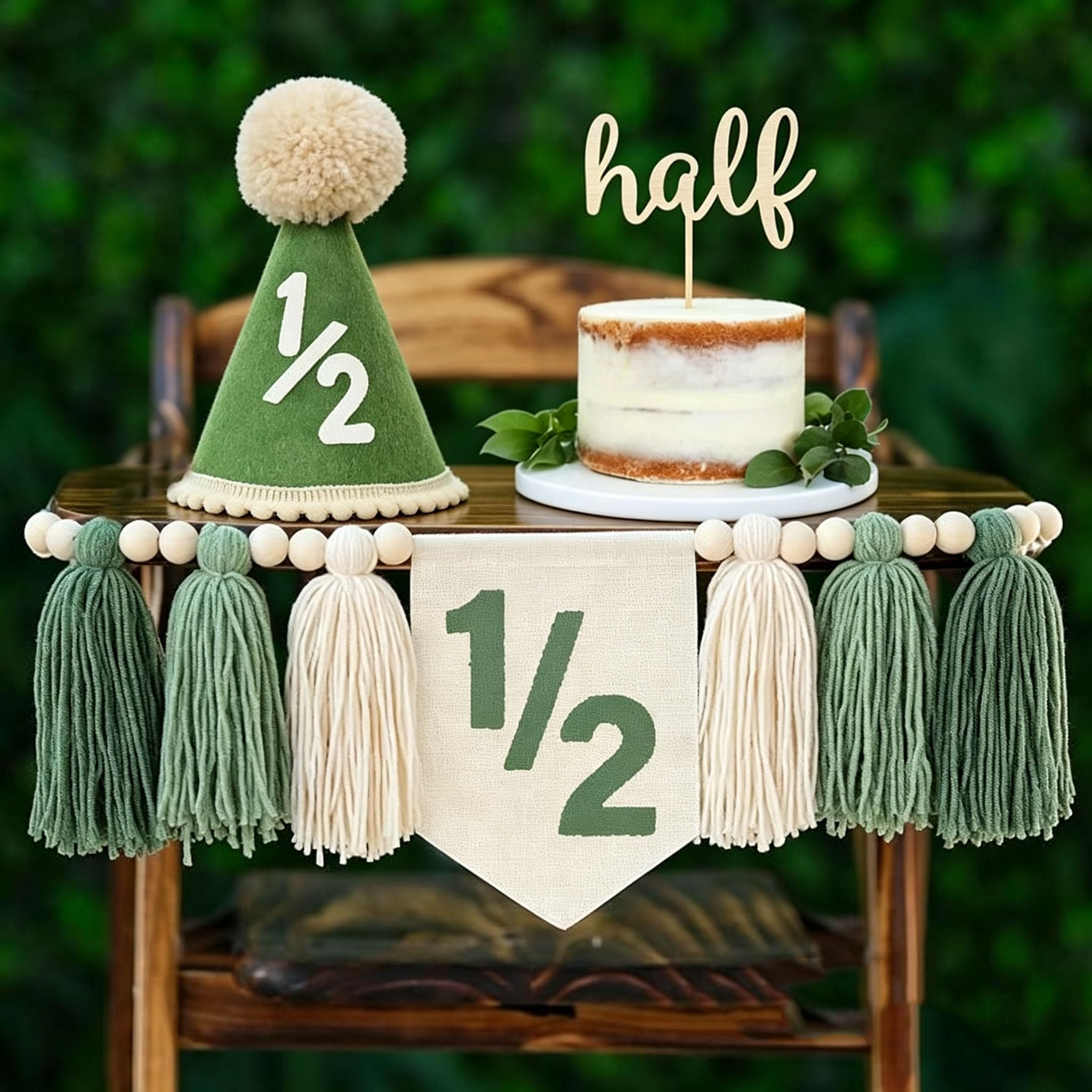 1st Birthday Highchair Banner Decorations For First Boys Khaki Cone Hat With One Cake Topper Photo Backdrop (Green Half)