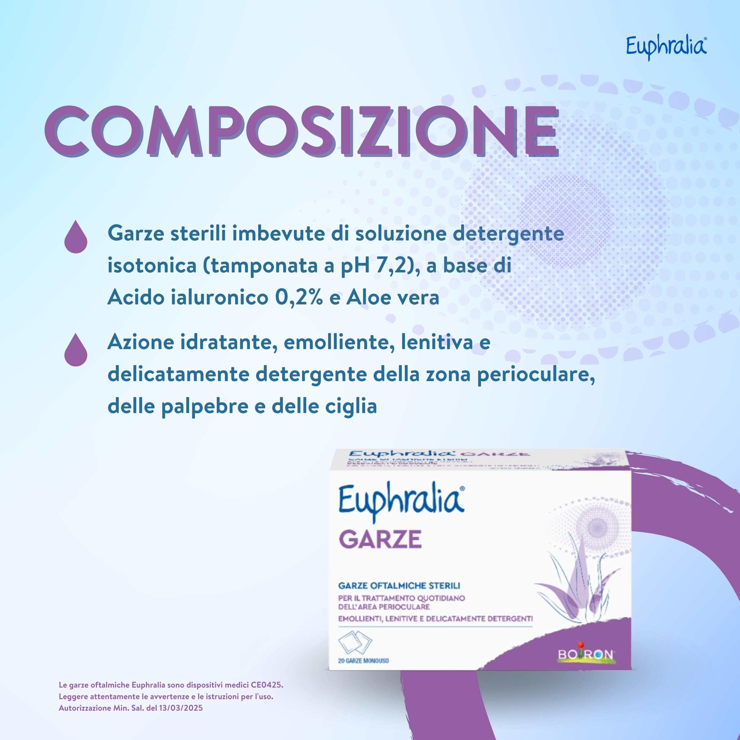 Euphralia Garze - Garze Oftalmiche Sterili, Monouso, Pulizia Occhi Infiammati e Allergici, Azione Detergente, Idratante e Lenitiva, con Acido laluronico e Aloe Vera - 2 Confezioni da 20 (2x20)