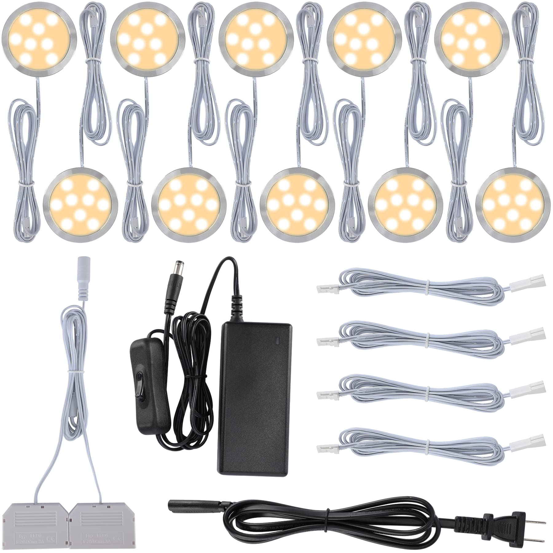 Meigour Liquor Glass Display Lighting Kit, Under Cabinet LED Puck Light, 110V Direct Hard Wired & Wall Plugg-in, 10-Way Octopus Parallel Distributor, On Off Switch, 2700K Warm White, 10 Lights