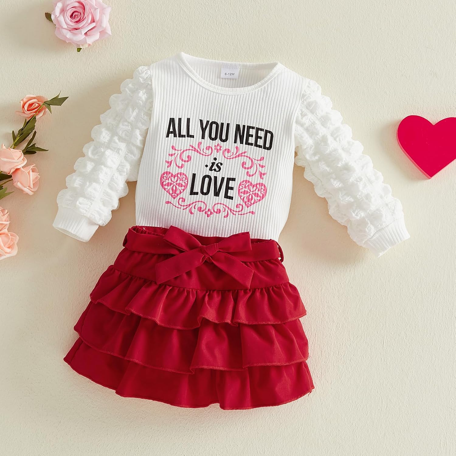 Kayotuas Toddler Girl Valentines Outfit Love Heart Sweatshirt Long Sleeve Shirt and Red Skirts Set Cute Winter Spring Clothes - Image 4