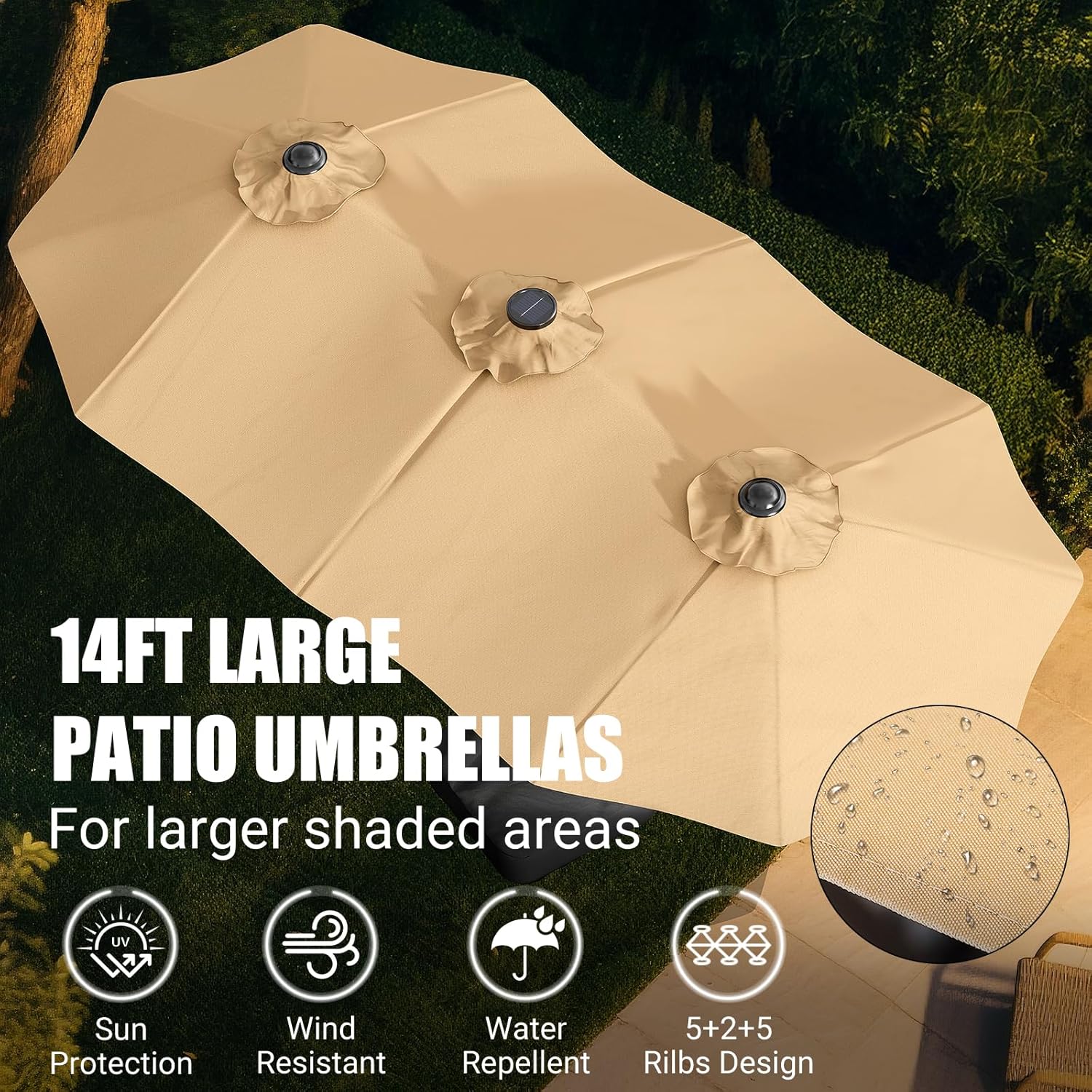 CHABATREE 15FT Double-Sided Patio Umbrella with Base Included, Large Outdoor Rectangular Market Umbrella for Backyard, Poolside, Lawn & Garden, Khaki