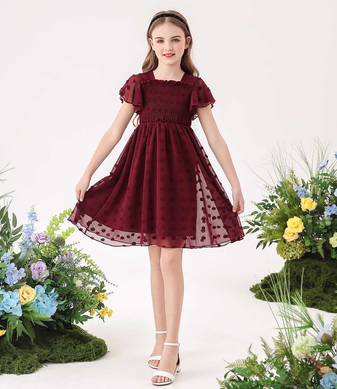Kids4ever Vestido de gasa para niñas de 6 a 12 años con pompones sólidos y volantes de manga corta para niños con cuello cuadrado