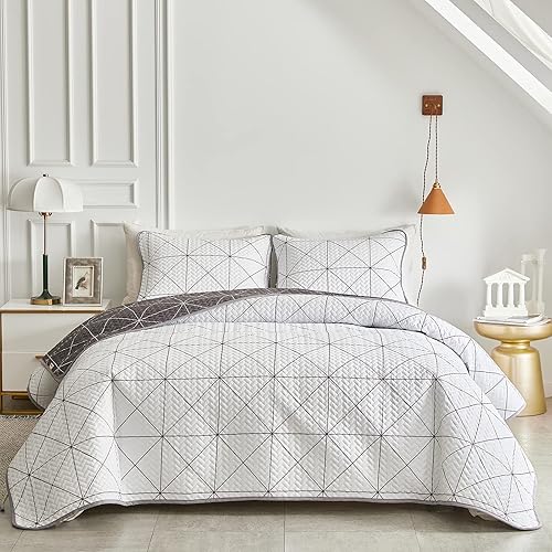 Miniatura 3 de Juego de edredón reversible de 3 piezas, cuadriculado blanco y gris, tamaño Queen 88 x 88 pulgadas, suave microfibra ligera, colcha de verano para