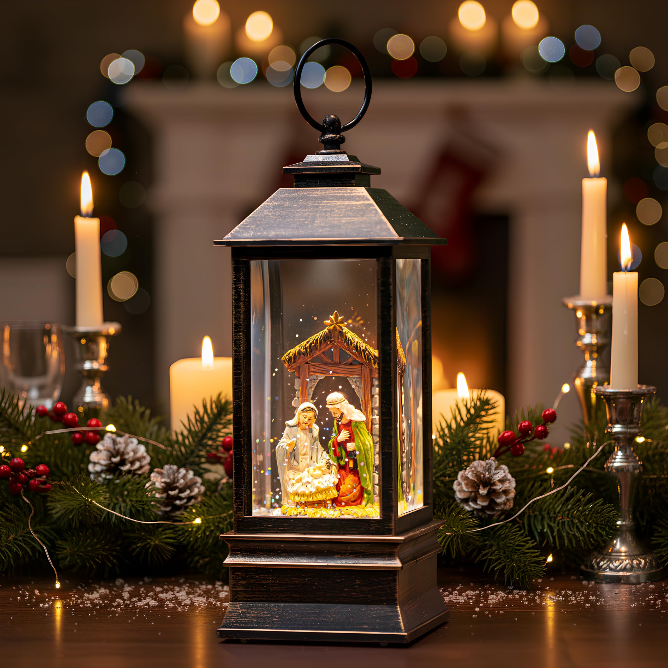 Linterna musical de globo de nieve de 10 pulgadas iluminada con escena de pesebre, farol de agua, remolino brillante, decoración del hogar y regalo, funciona con pilas o alimentado por USB