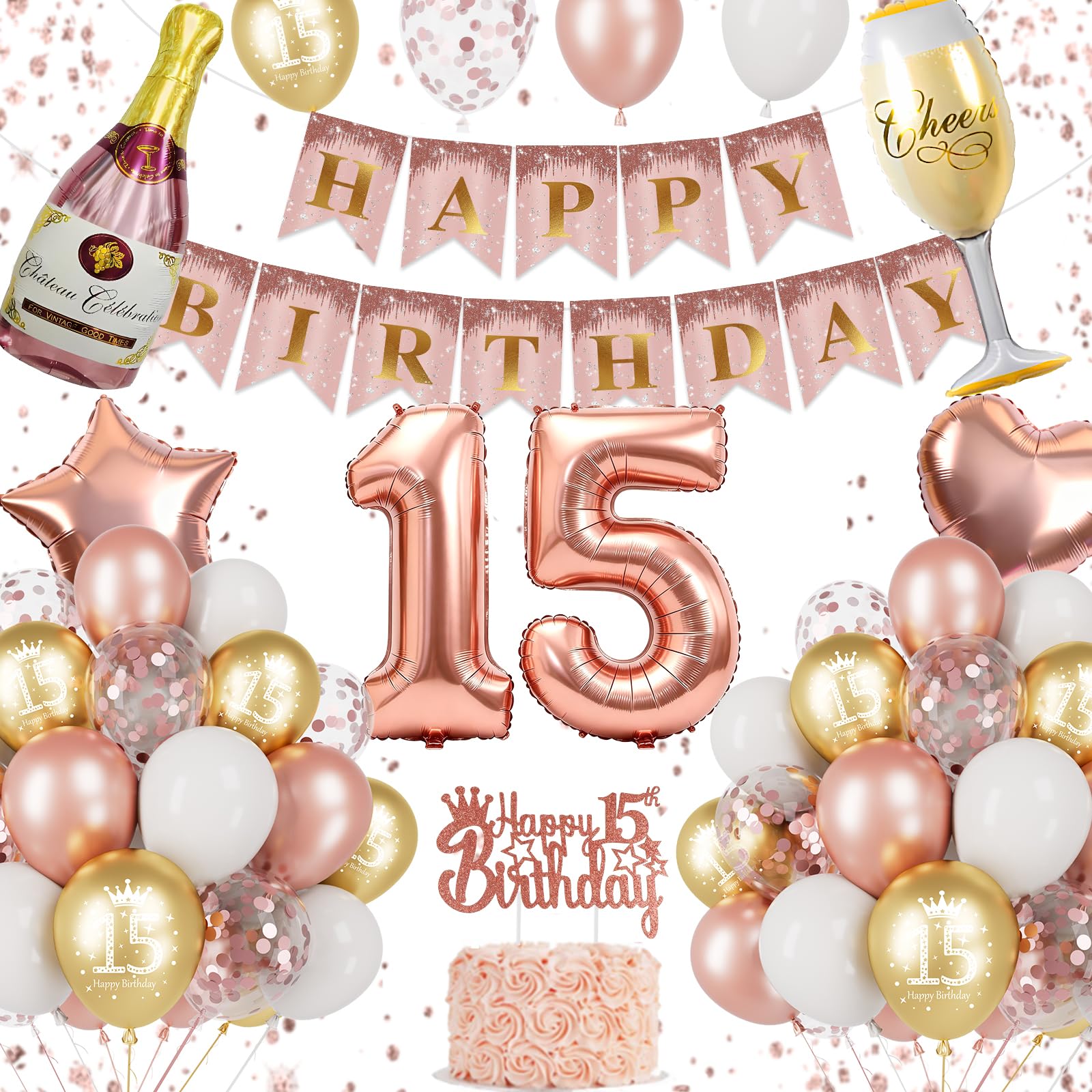 15th Birthday Decorations, Rose Gold 15th Birthday Decorations for Girls, Happy Birthday Banner, 15th Birthday Balloons, Cake Topper, Champagne Bottle, Wine Glass Foil Balloons, 15th Party Supplies — image 1