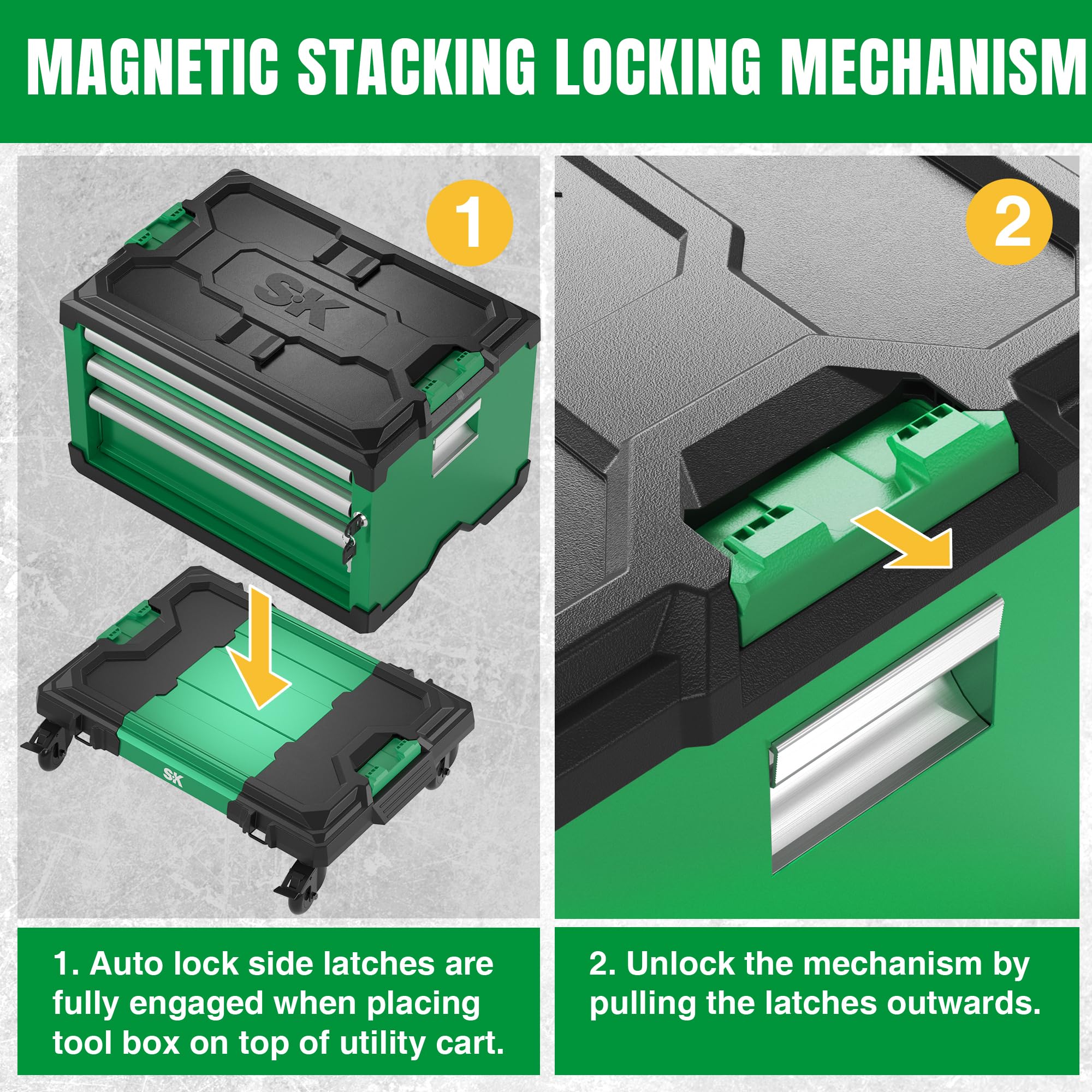 SK Cassetta portautensili modulare impilabile, 50 cm, scatola in acciaio con 3 cassetti, meccanismo di bloccaggio automatico magnetico, può contenere fino a 27,2 kg