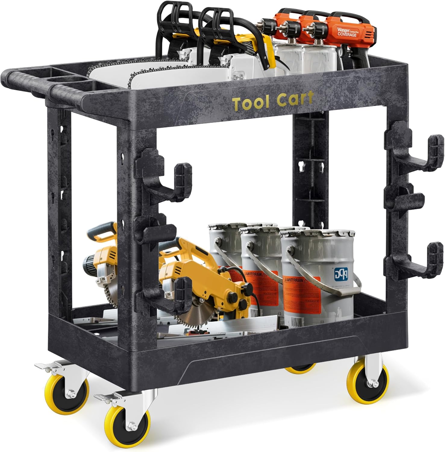 SILVEL Heavy Duty Plastic Utility Cart 850LBS Capacity 2 Shelf Service Cart Rolling Utility Carts with Swivel Wheels & Ergonomic Handle for Warehouse, Garage, Cleaning, Manufacturing