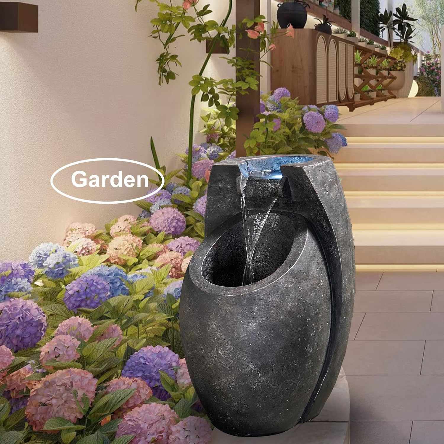 Backyard Water Fountain - 21.5" Tall Floor Standing Fountain, Indoor/Outdoor Modern Two-Tier Waterfall for Garden, Patio, or Yard Décor
