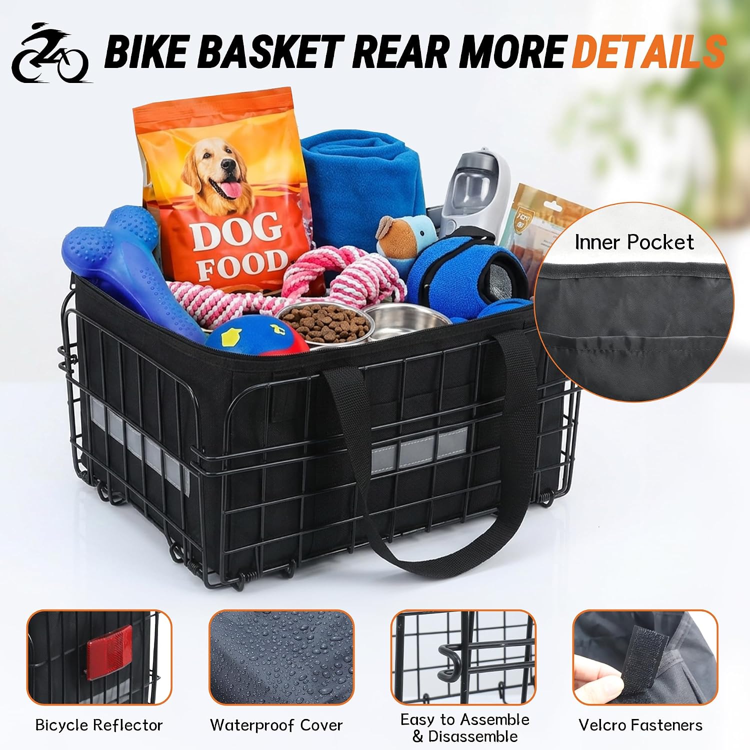 Wdmiya Bike Basket Rear, Foldable Ebike Rear Basket & Bicycle Basket | Quick Release, Rain Cover, Cargo Net, Carry Bag & Reflective Strips, Large Bike Rack Basket for Grocery, Camping, Commuting