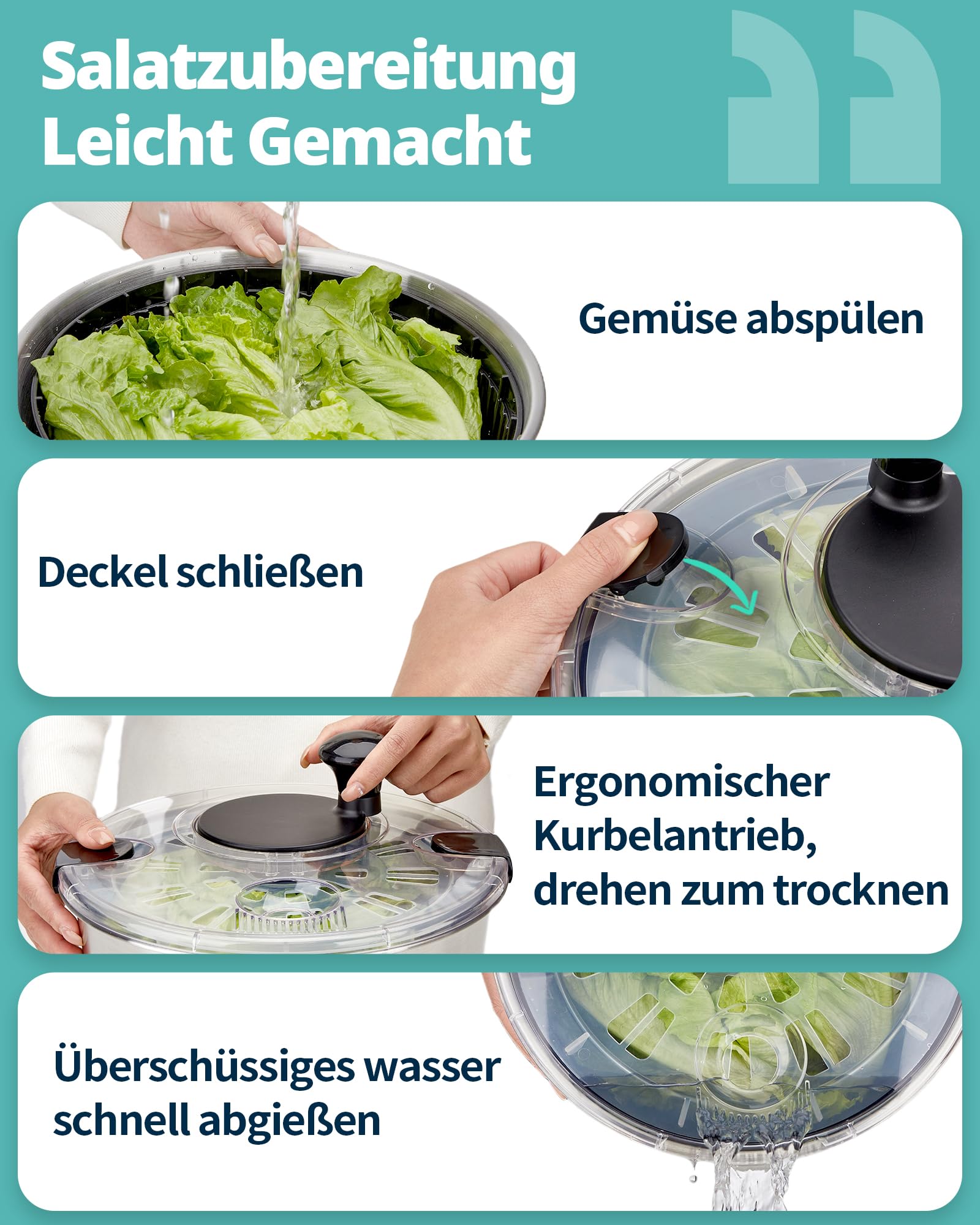 Salatschleuder Edelstahl 18/10 mit Kurbelantrieb, 6L große Salatschüssel mit Deckel, rutschfest & spülmaschinengeeignet – Salad Spinner für Salat, Gemüse, Obst