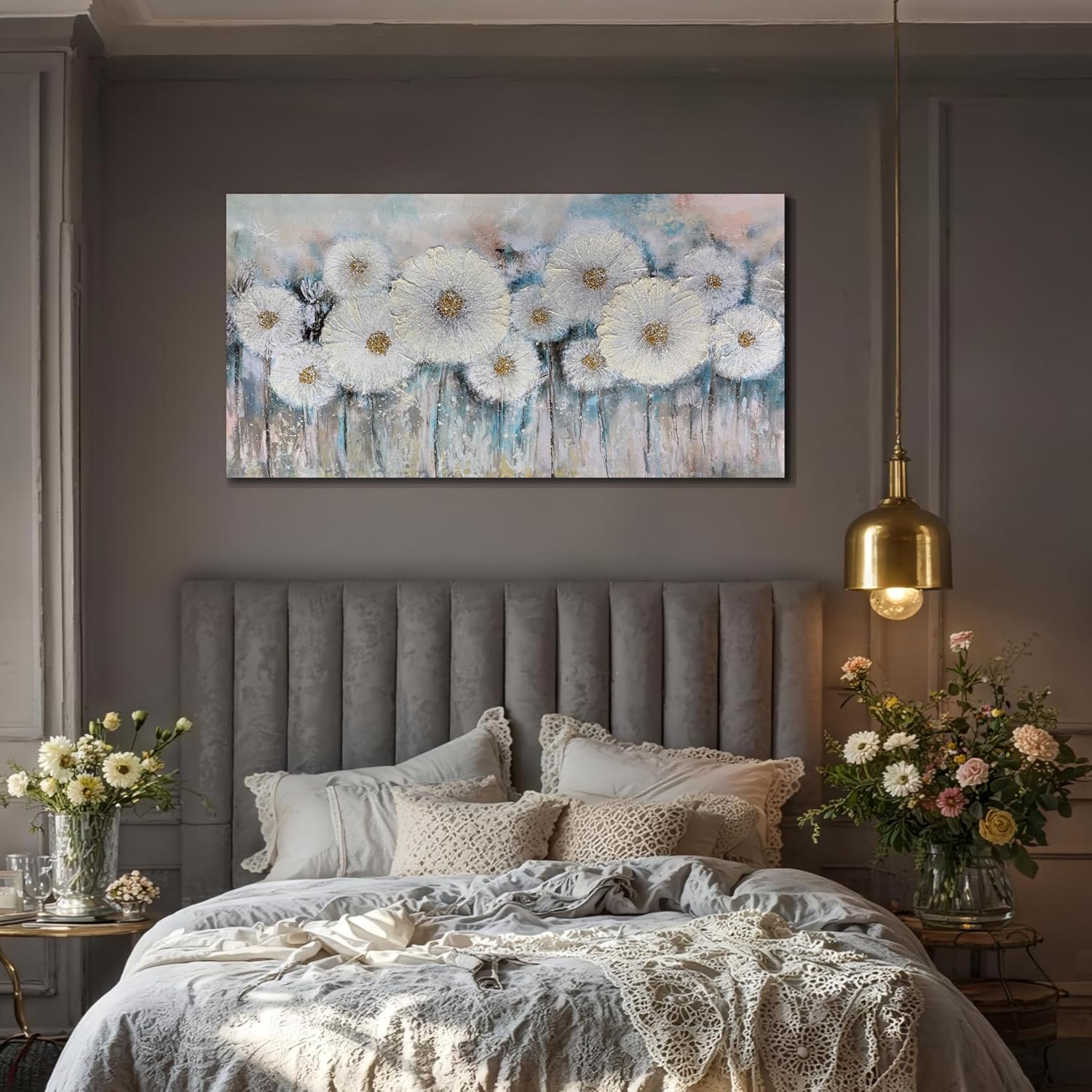 Acocifi Floral Canvas Wall Art for Living Room Dandelion Picture Large Flower Bedroom Painting 60% Handmade Textured, Grey Vintage Artwork Framed for Dining Room Office Home Decor 40"x20"