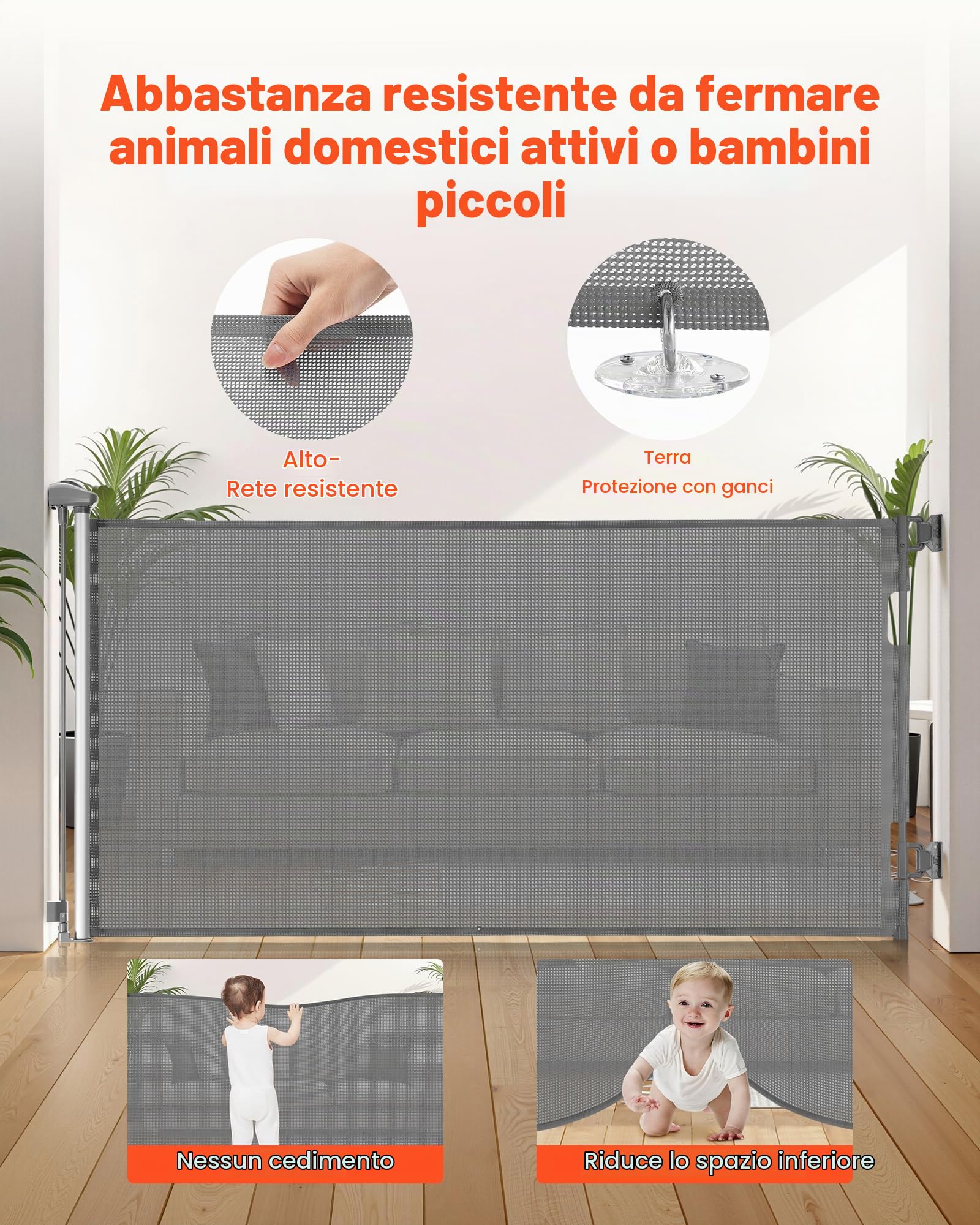 VEVOR Cancelletto Retrattile, Estensibile Fino a 1850 mm di Larghezza, 795 mm di Altezza, con Blocco di Sicurezza, Attraversabile Senza Inciampare, Cancelletto in Rete per Cani Scale, Grigio
