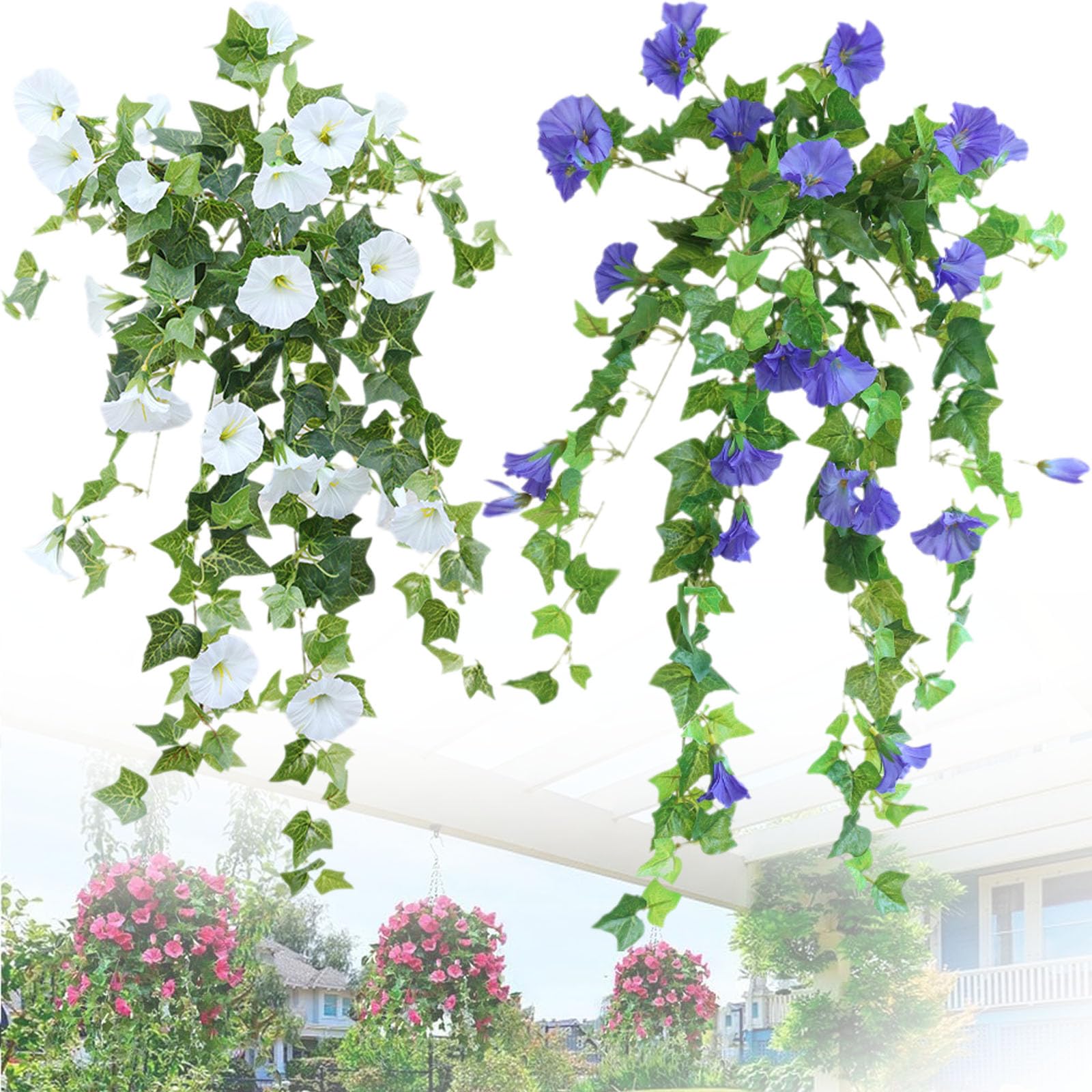 cookx Uv Simulation Artificial Flower,Morning Glories,26in Uv Simulation Artificial Flower,24 Bunches Artificial Morning Glories,Fake Petunias,Fade Resistant Outdoor Flowers (White+Blue)