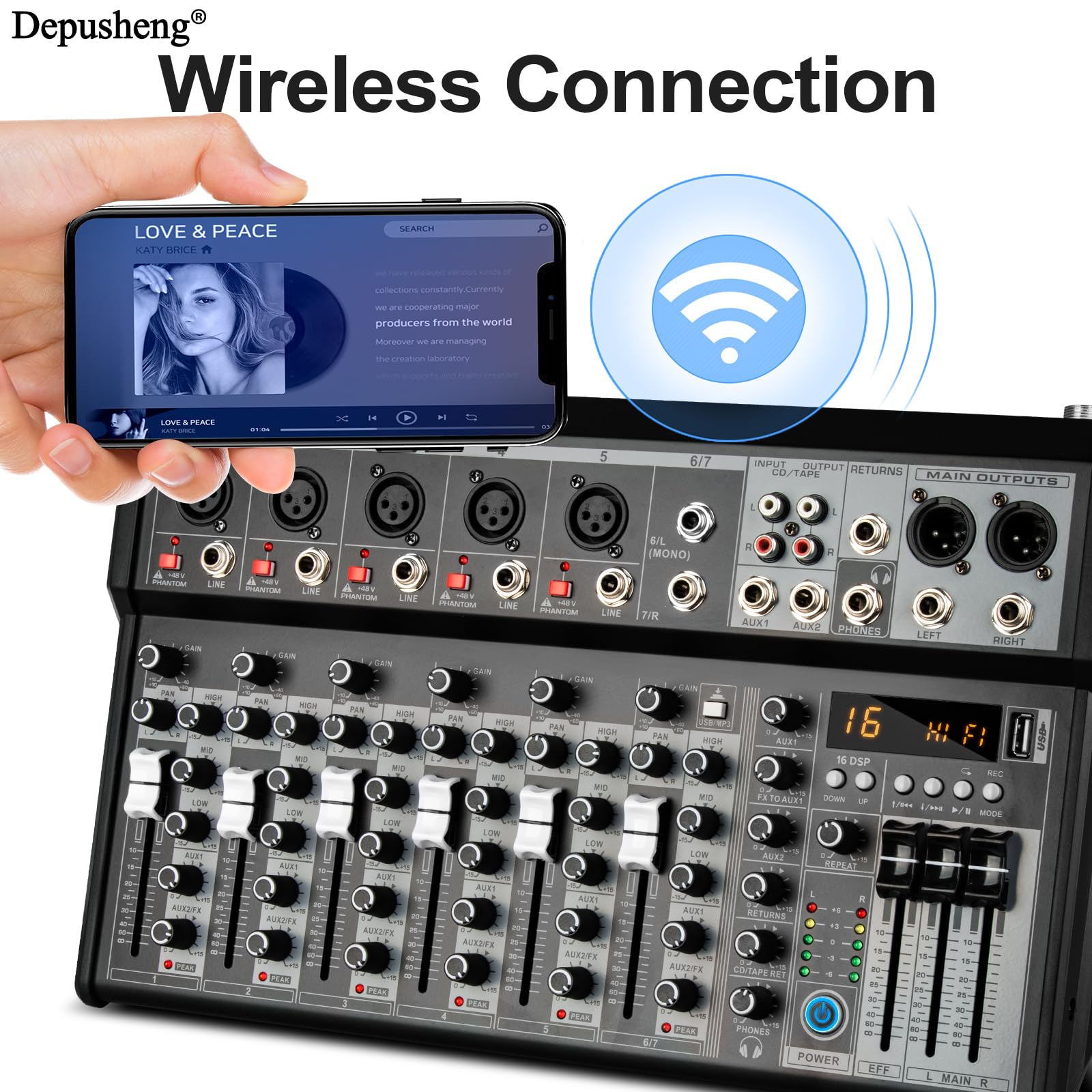 Depusheng Professional Audio Mixer, 7 Channel Audio Interface Sound Board Mixing Console System, 16-Bit DSP DJ Bluetooth Mixer +48V Phantom Effect For Karaoke Studio Streaming Recording (XT7)