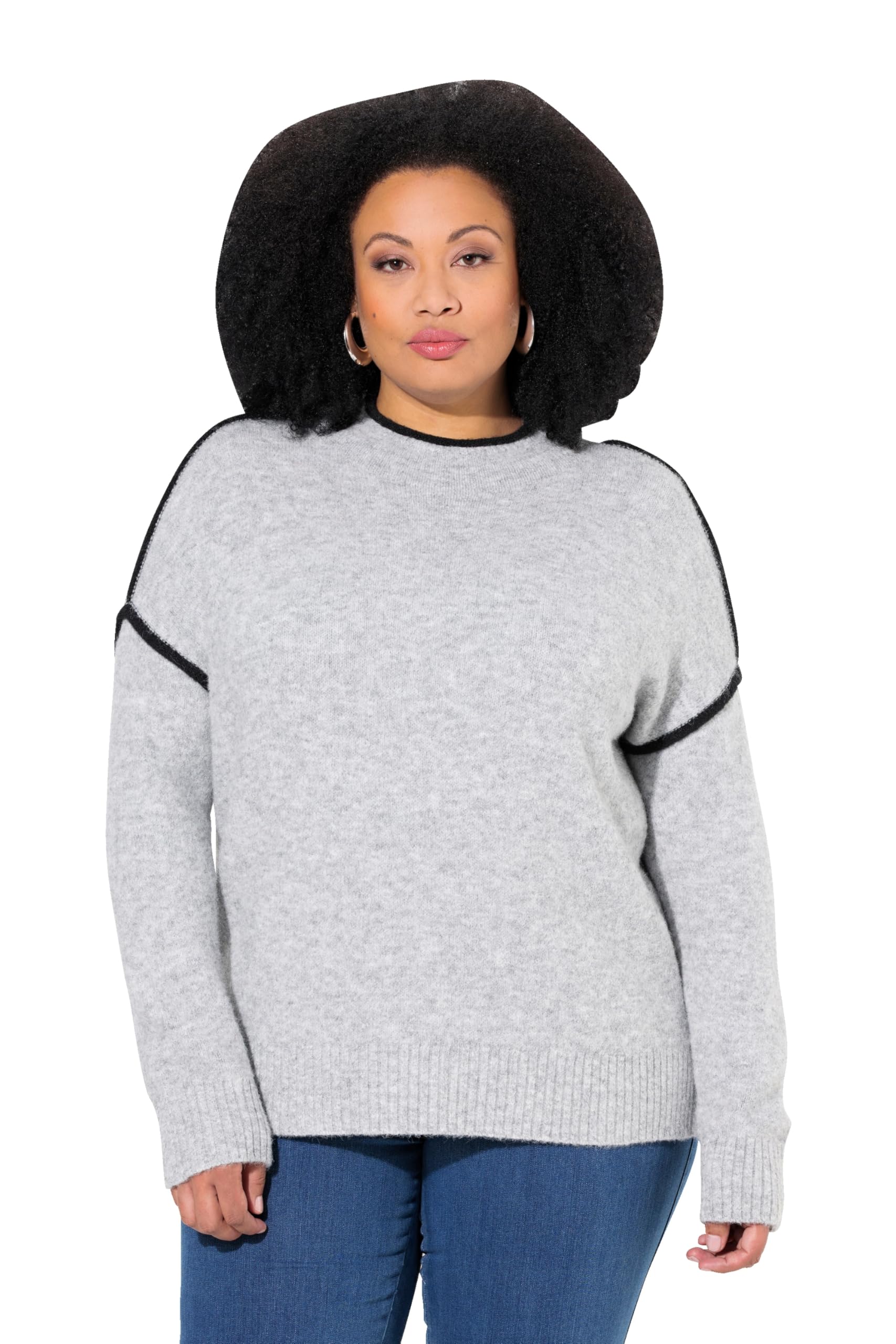 Ulla Popken Damen große Größen Übergrößen Plus Size Pullover, Zierstreifen, Oversized, Stehkragen, Langarm 832455