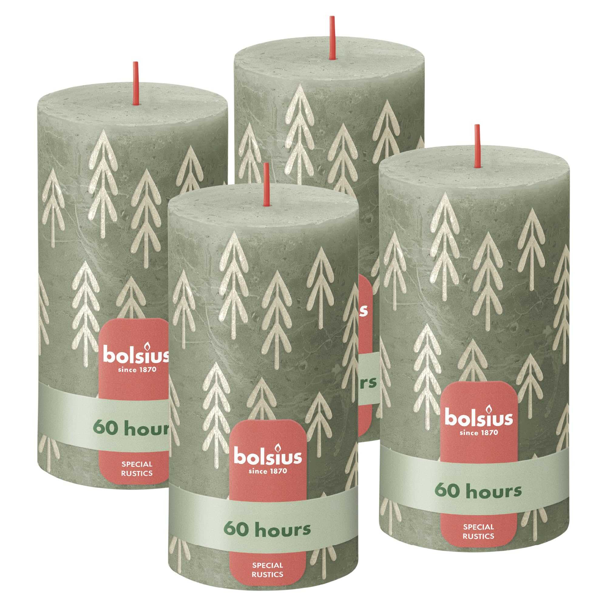 Bolsius Green & 4 Pieces Rustic Pillar Candles Silhouette - Green With Print - Pack Of 4-13 X 7 Cm - Long Burning Time 60 Hours - Household Candle - Includes Natural Vegan Wax - Without Palm Oil - Christmas Decoration